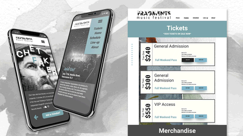 Sample of web page, mobile app, enamel pins and ID lanyards for the music festival.