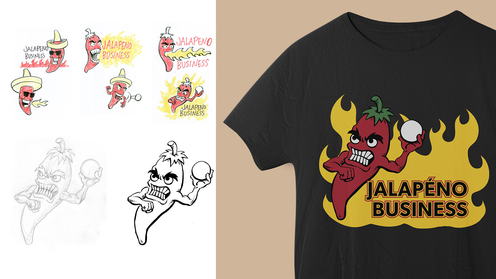 Process sketches and final artwork for T-shirt design for dodgeball team.