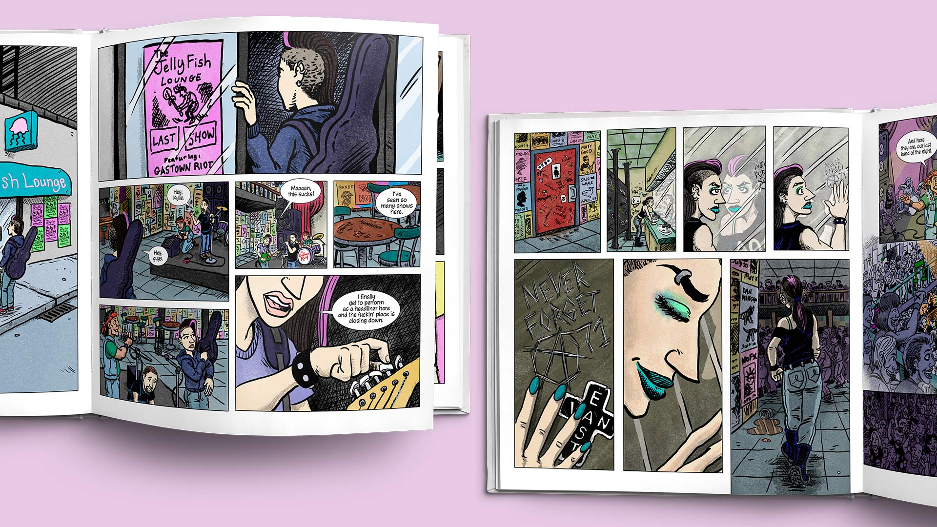 Samples of printed comic artwork depicting the last night at a Vancouver rock venue.