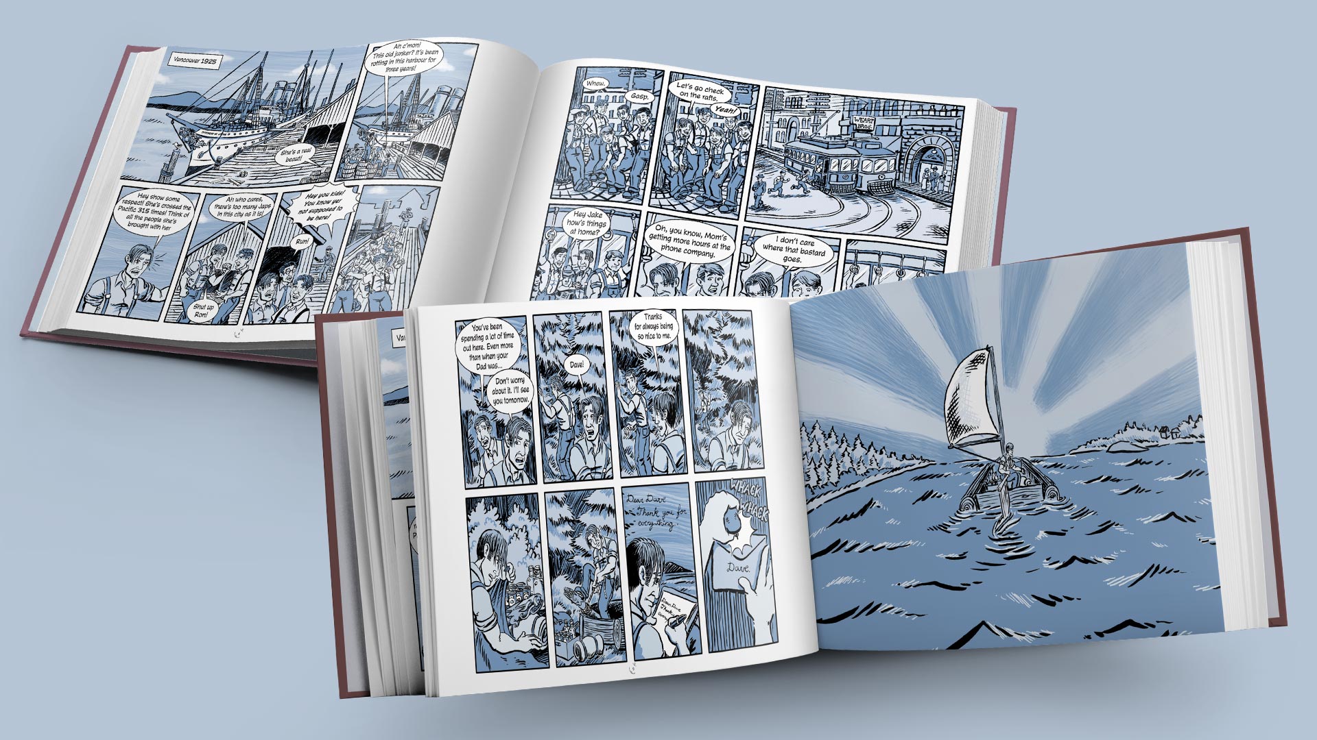 Samples of printed comic artwork depicting a story set in 1920’s Vancouver.