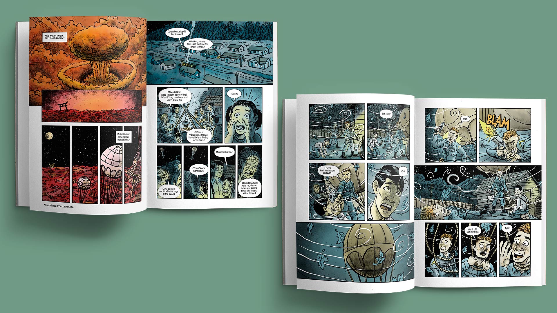 Samples of printed comic artwork depicting a horror comic set in Japanese internment camp.