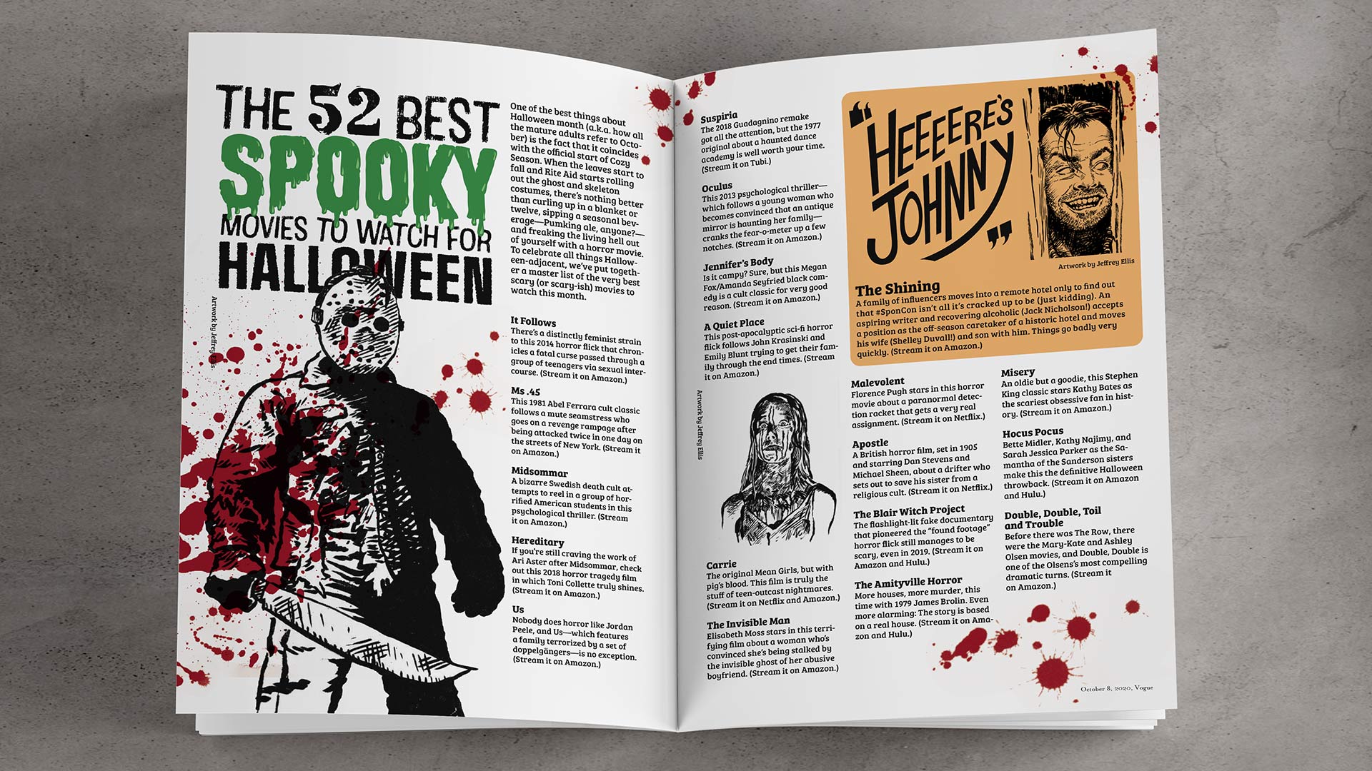 Magazine spread depicting famous horror movie characters.