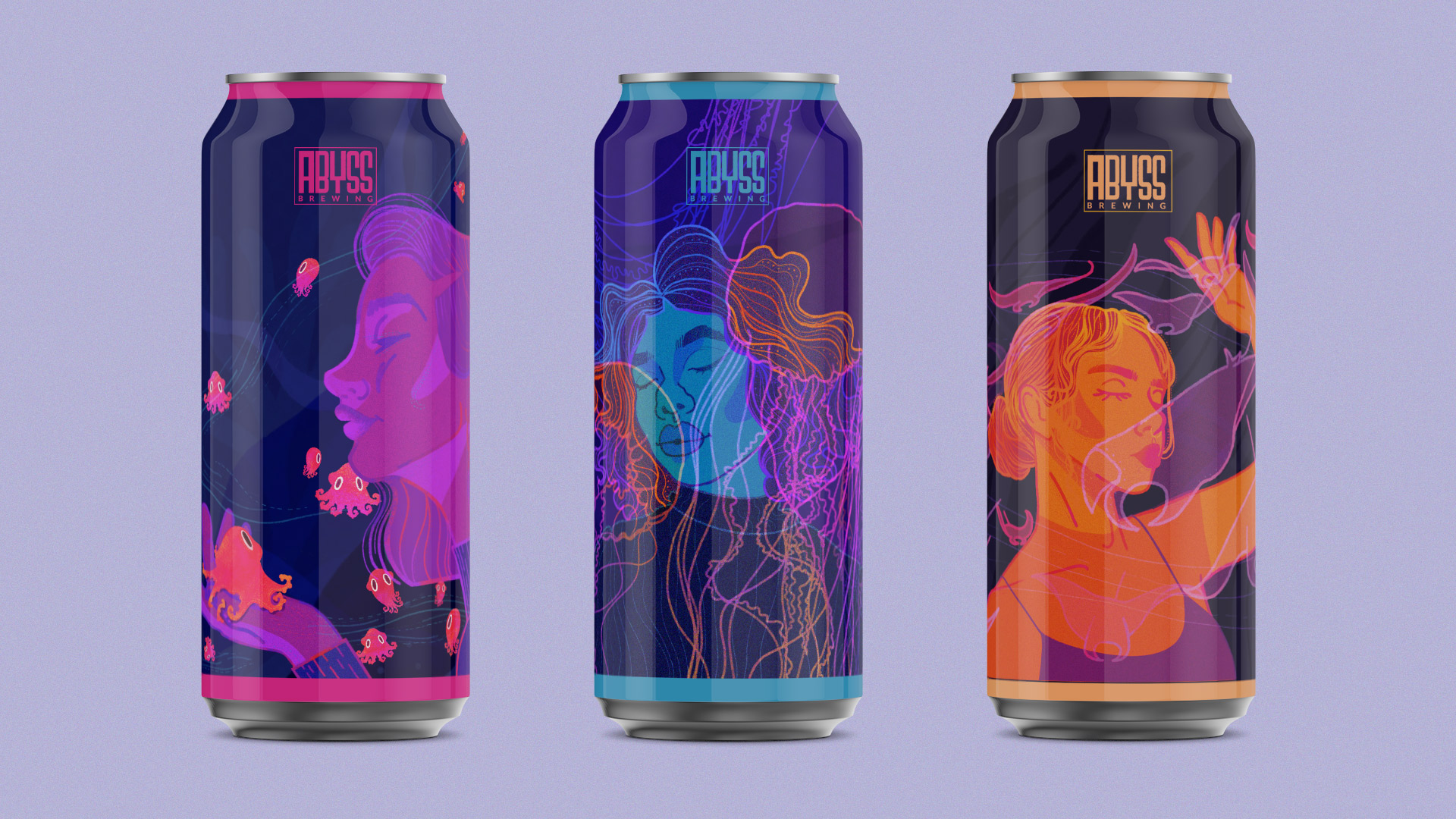 Three beer cans with illustrations of sirens on them. The can on the right features the devil ray, the can in the middle features the west coast sea nettle, and the can on the left features the vampire squid.