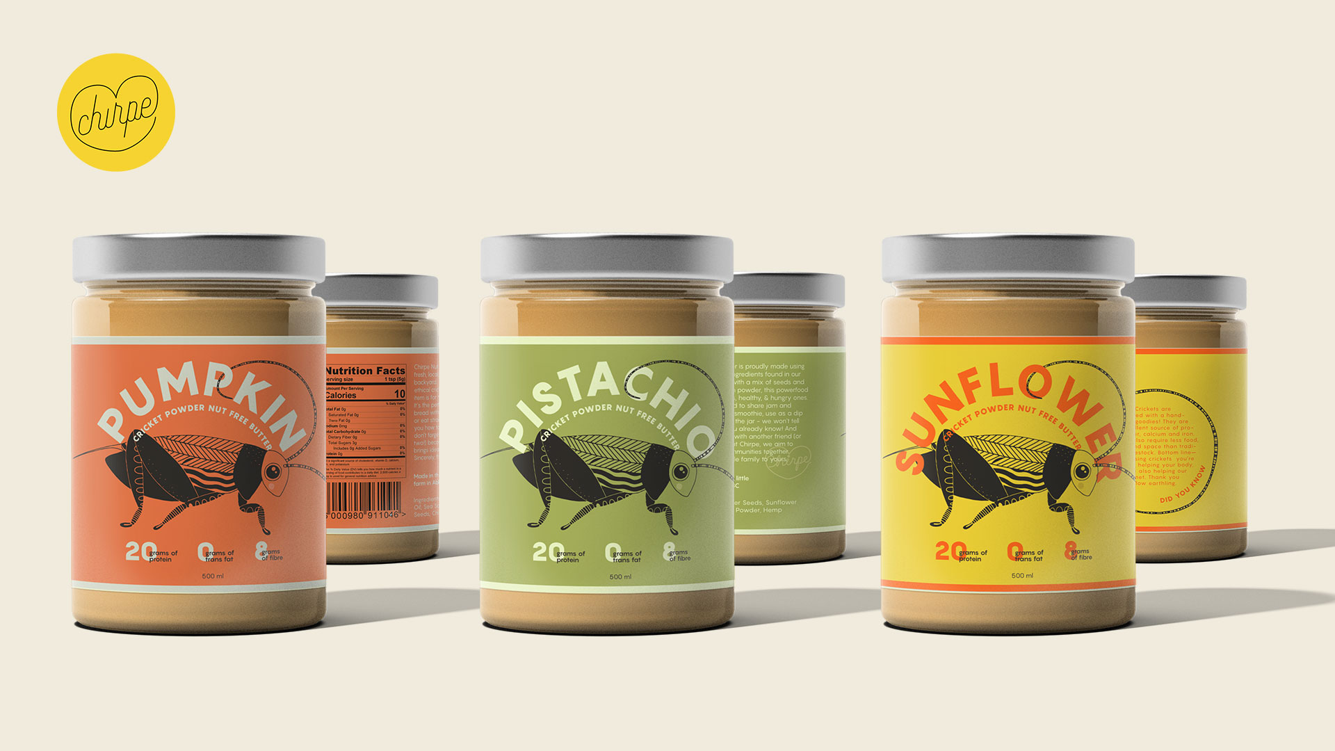 Six (6) jars of peanut butter looking product. Labels say Pumpkin cricket powder nut free butter, Pistachio cricket powder nut free butter and Sunflower cricket powder nut free butter. Did you know question and description on back. Nutritional value on back.