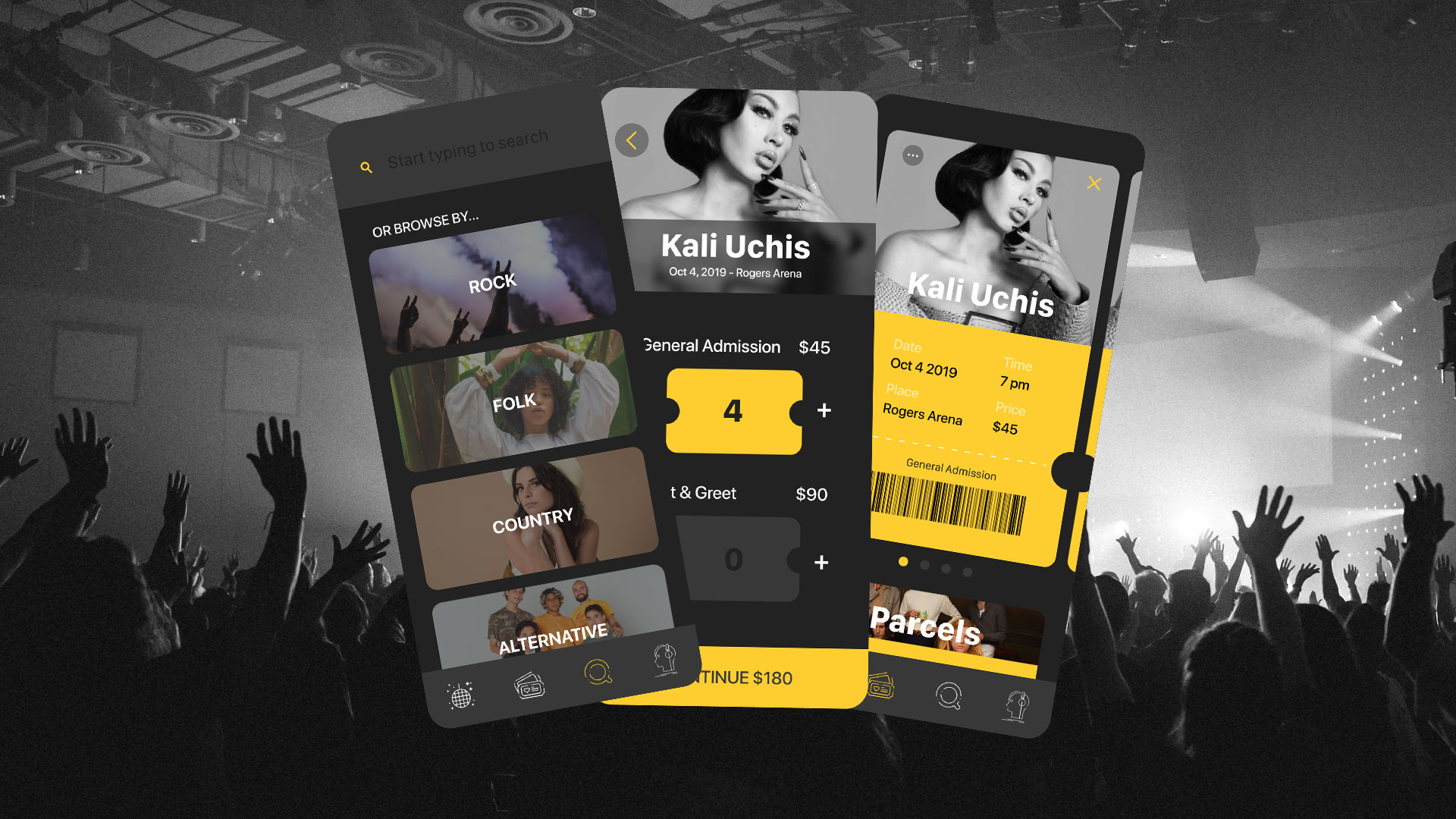 Background black and white photo of a music event with people cheering and concert lights. Three (3) screens. first screen says start typing to search or browse by rock, folk, country, alternative. Second screen says kali Uchis, oct 4 2019 Rogers arena, general admission $45, meet and greet $90, continue $180. Third screen says date, time, place, price. General admission ticket.