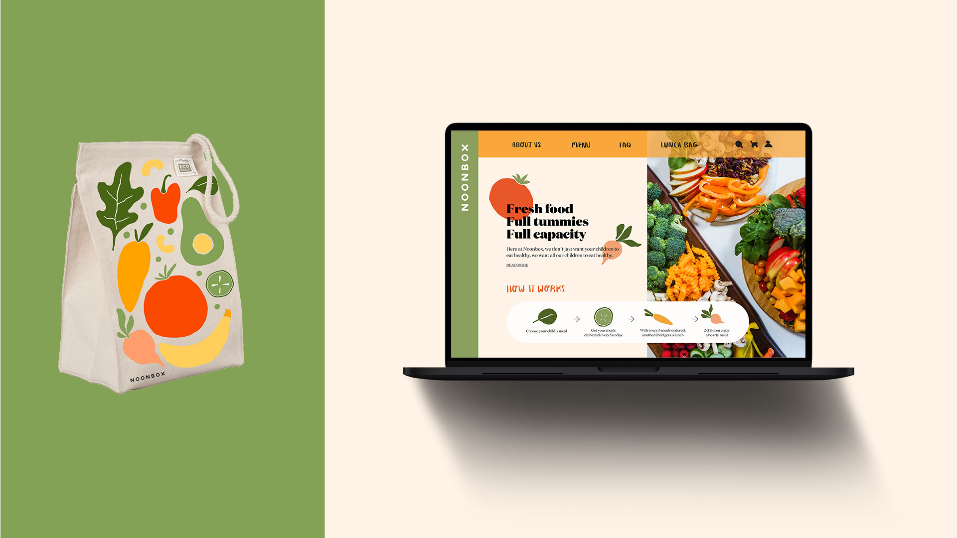 Beige cloth lunch bag with fruit and vegetable illustrations that says noon box on bottom left corner. Laptop with website open. Photo of chopped veggies on right side, scattered illustrations throughout. Website says fresh food, full tummies, full capacity. Instructions on how it works.