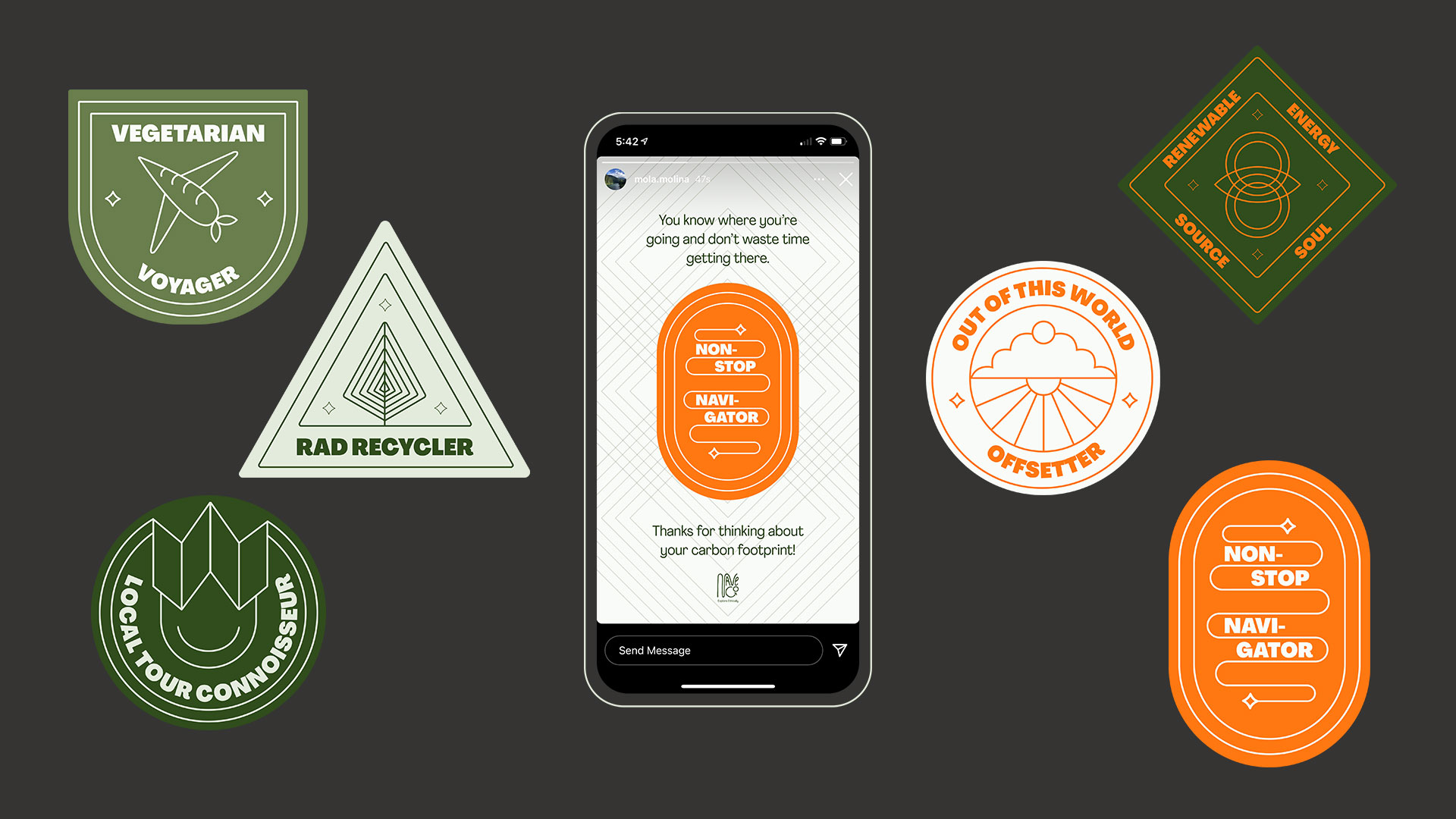 iPhone screen in middle of a black background that shows Instagram story with orange nonstop navigator badge. Screen says you know where you're going and don't waste time getting there. Thanks for thinking about your carbon footprint! Six badges surround the phone screen.
