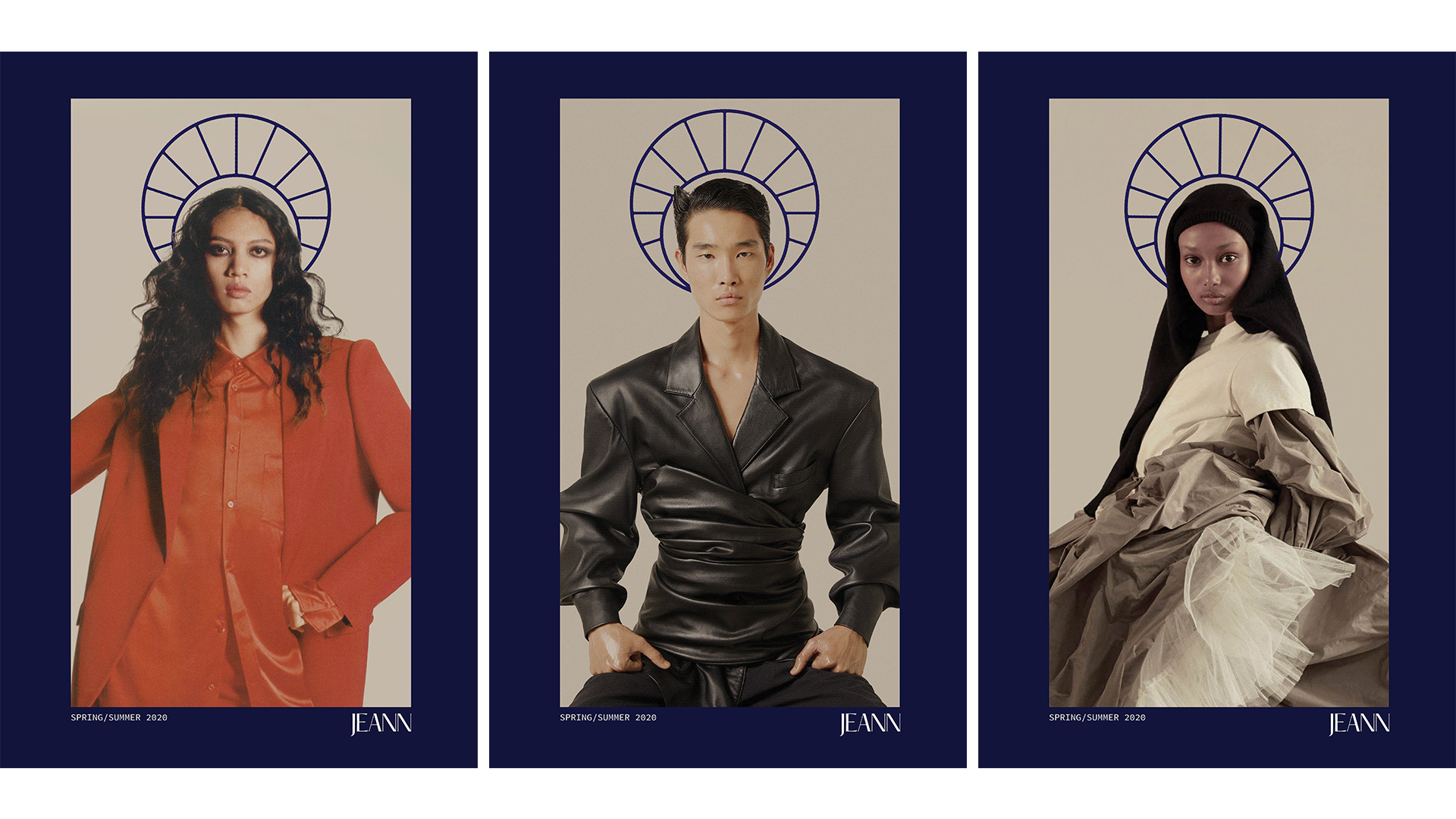 Jeann spring summer 2020 campaign posters featuring models posing in suits with the logo used as a saint halo.