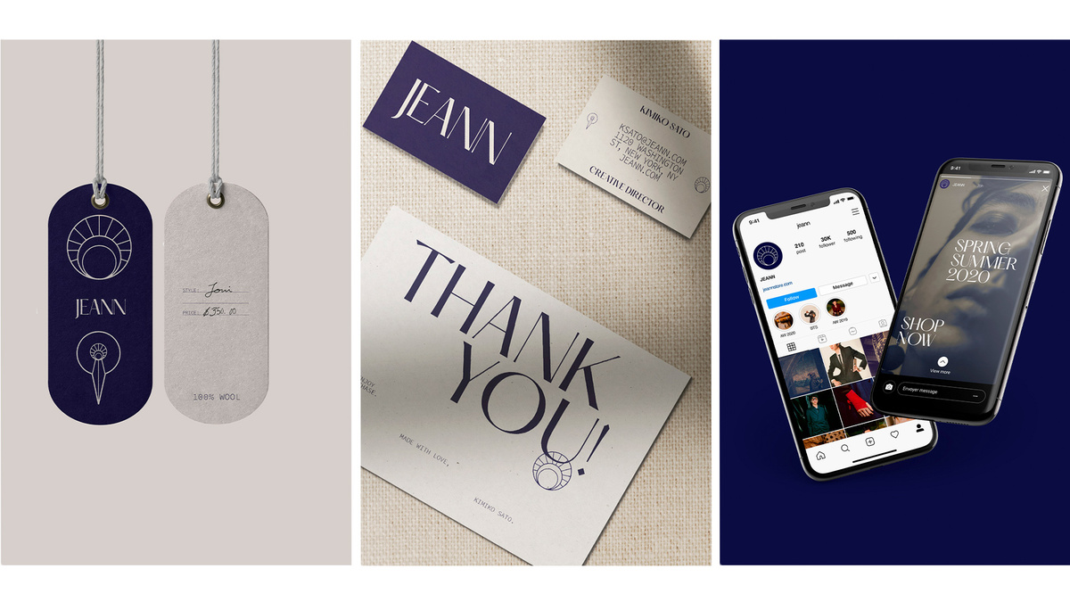 Jeann brand collateral. Hangtags, stationery and social media.