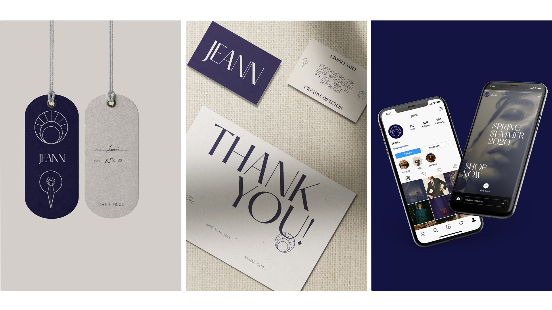 Jeann brand collateral. Hangtags, stationery and social media.
