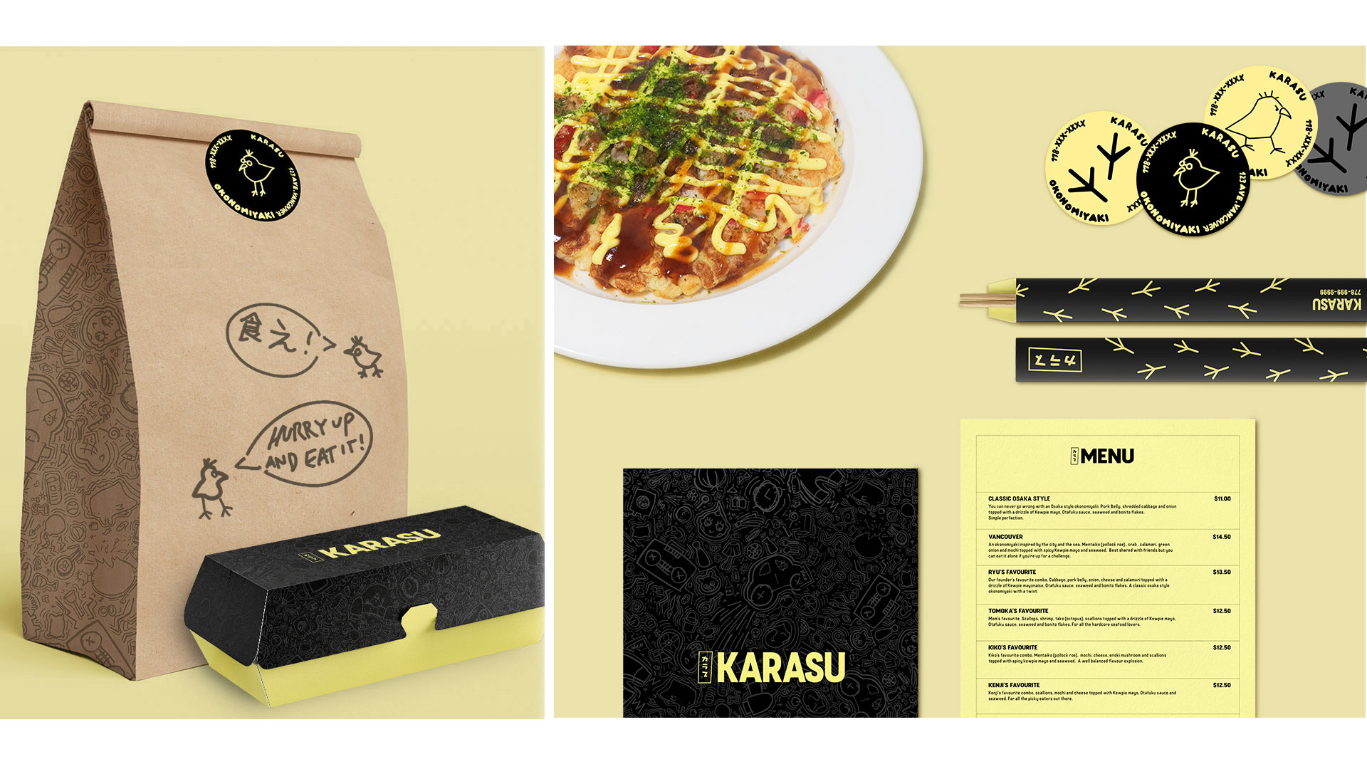 Karasu okonomiyaki restaurant branding. Takeout bag and box, menu, stickers and chopsticks. Karasu means crow in Japanese and okonomiyaki is a savoury pancake.