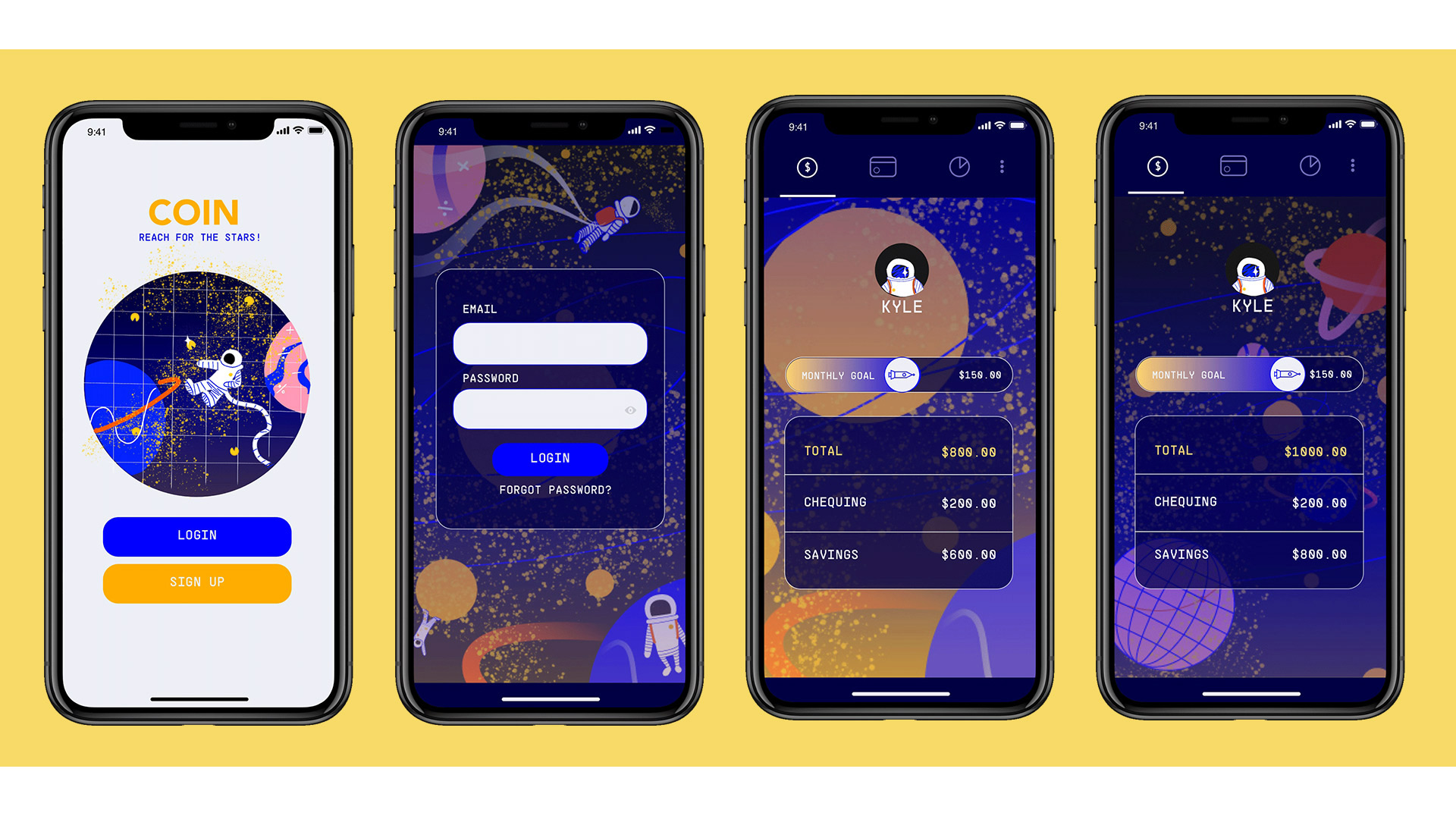 Coin financial app user interface. 4 essential screens. The landing page, login page, homepage with the background illustration near home planet for small savings, homepage with the background illustration at the edge of the solar system for big savings.