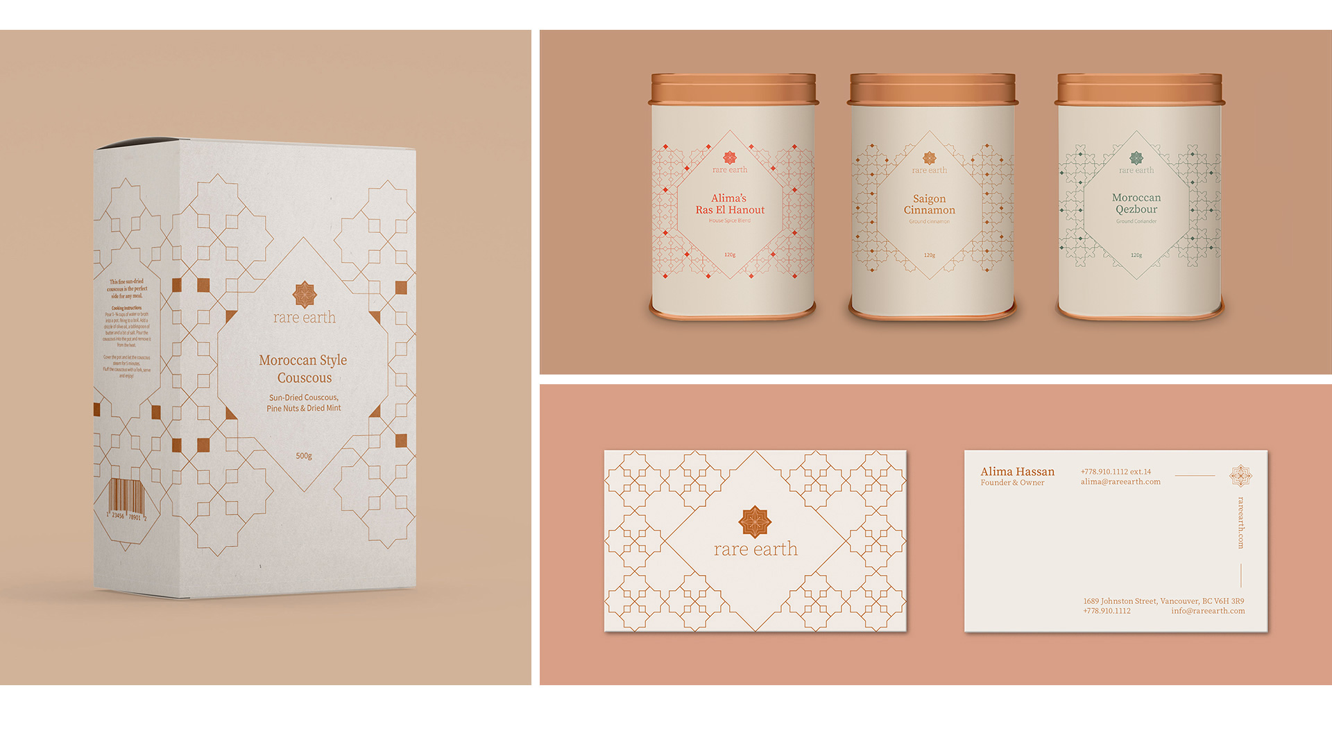 Rare Earth branding collateral. Couscous packaging, three spice containers, business card front and back.