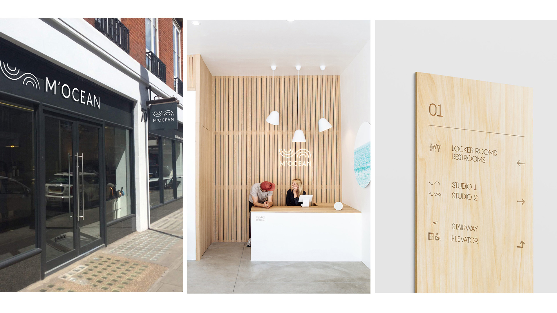 M’ocean healing centre exterior, interior reception area, way finding signage.