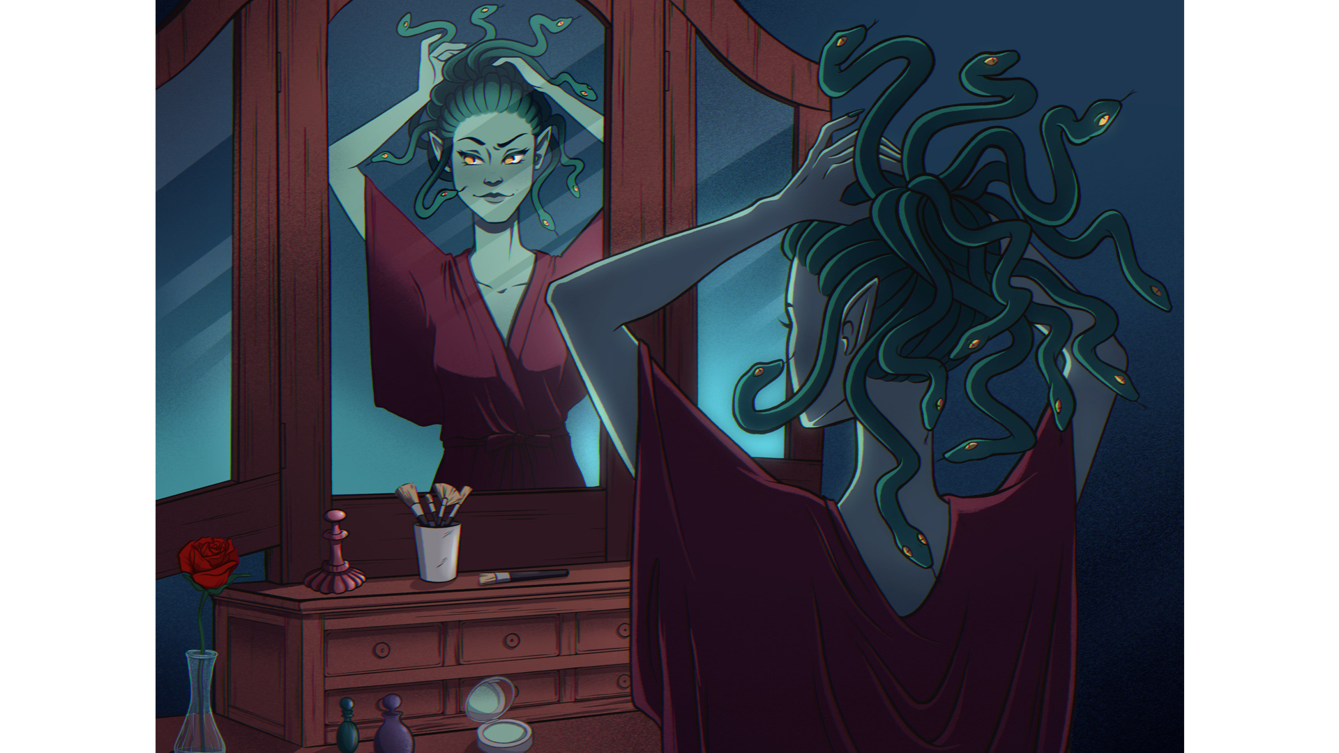 Illustration of Medusa getting ready in the mirror of a vanity