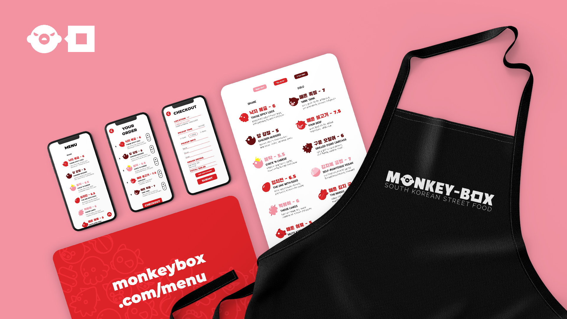 Paper print menu design and mobile ordering screens for Monkey-Box South Korean street food truck with apron design.