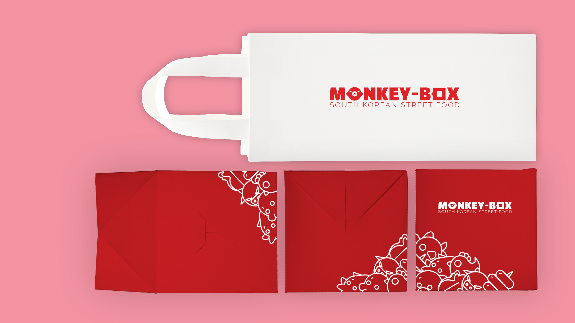 Paper to-go packaging designs for Monkey-Box South Korean street food truck