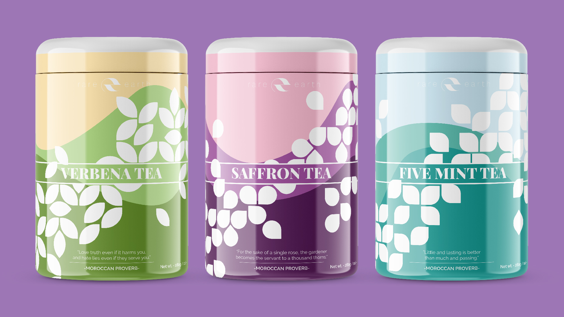 3 tea packaging designs for Rare Earth teas and spices playing on light patterns created by moorish style windows.