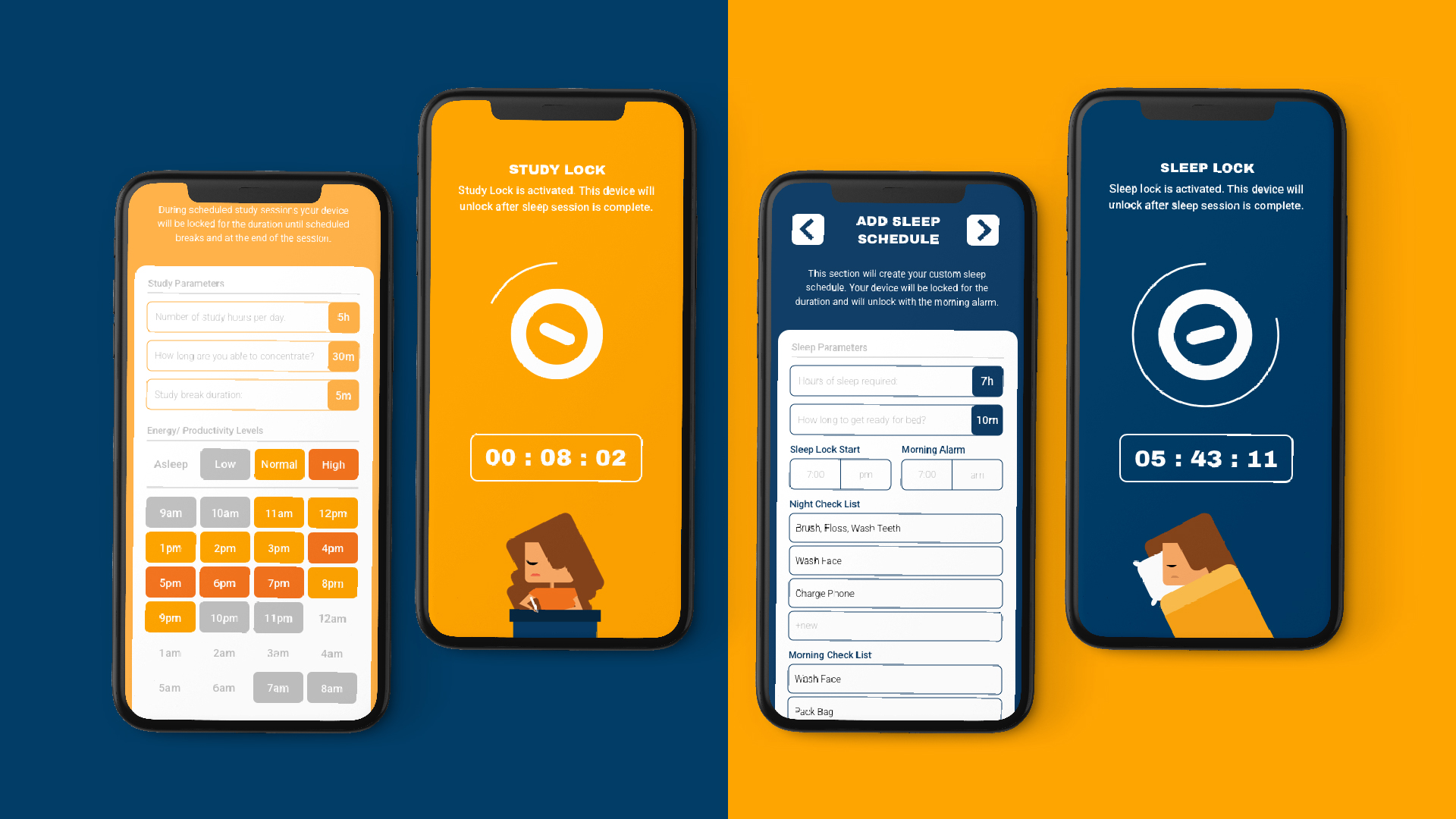 Sleep and study lock screens with parameter setting screens including cellmate character illustrations.