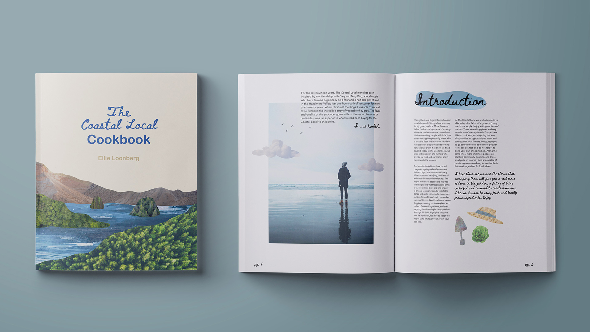 On the left is the front cover showing the Coastal Local Cookbook design with a photo collage illustration. On the right is the Cookbook open, displaying the inside spreads of recipes and photo collage illustration. Both cover and book spreads are on a blue background.