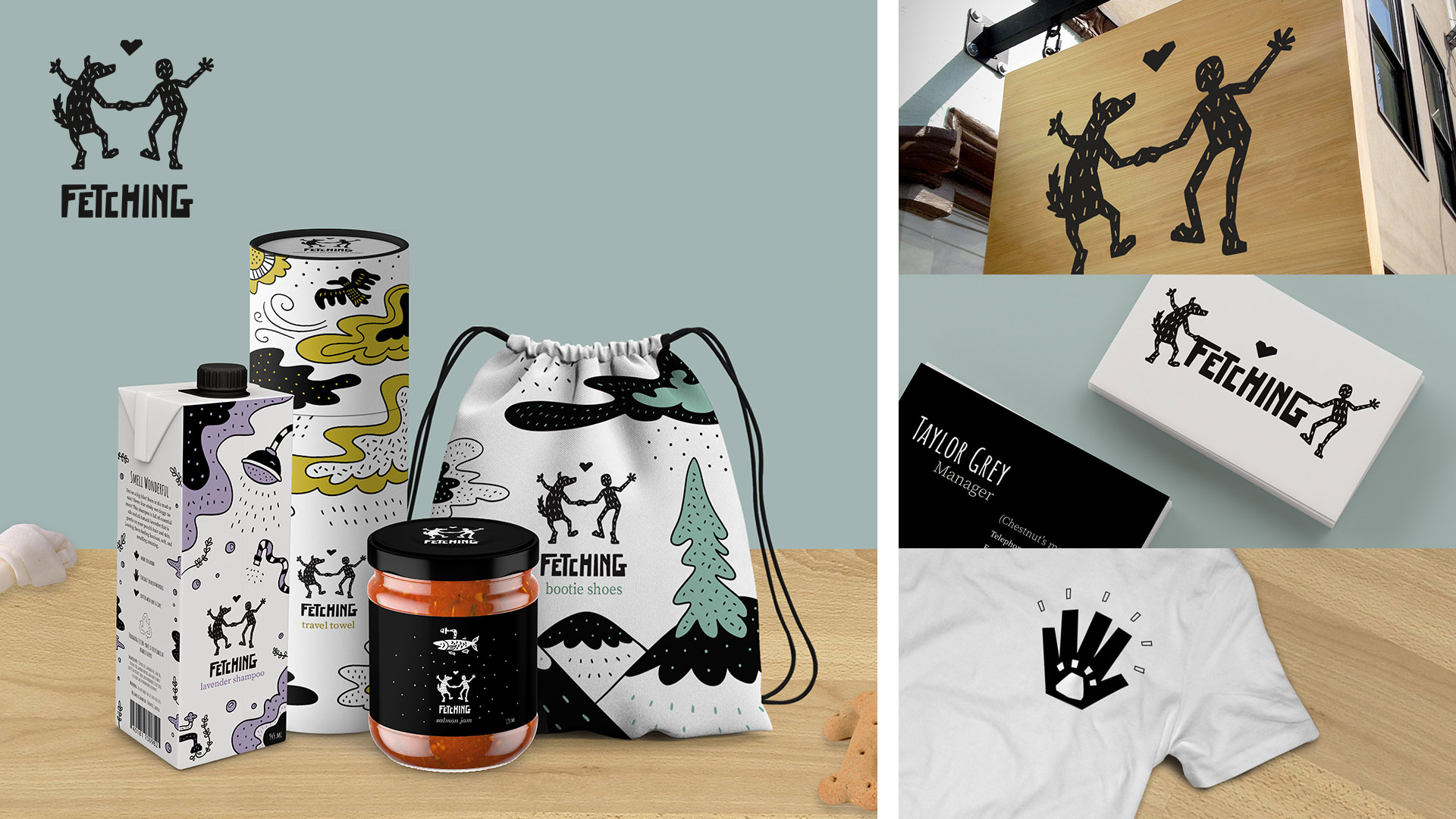 On the left is an image showing the Fetching logo with the branded packaging products. On the right side are the store sign, business cards, and t-shirt design.