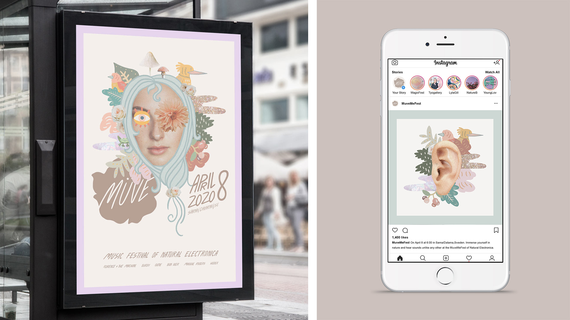 On the left is a bus shelter showing the Muve Music Festival poster. On the right is an Instagram ad on an iPhone advertising the festival on a brown background.