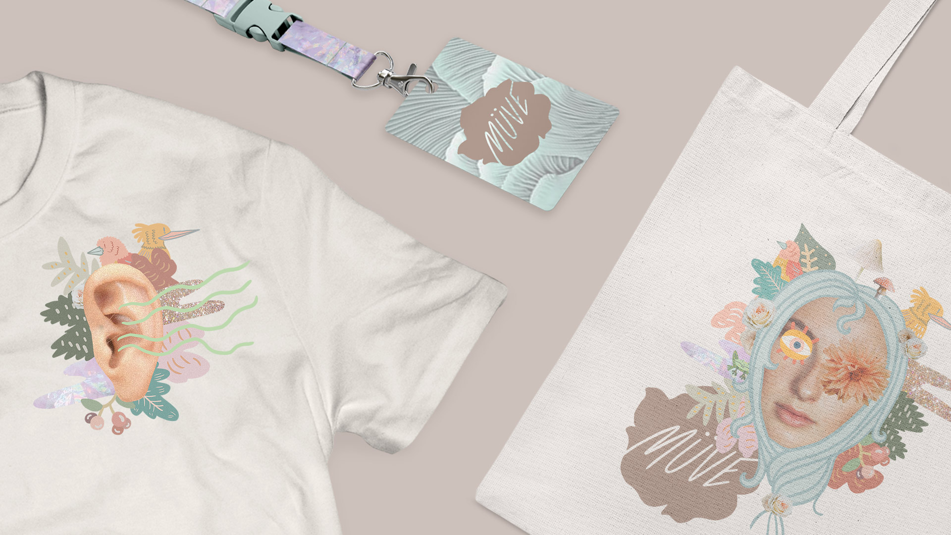 This is the collateral for the music festival, showing a t-shirt, tote bag, and badge design on a brown background.