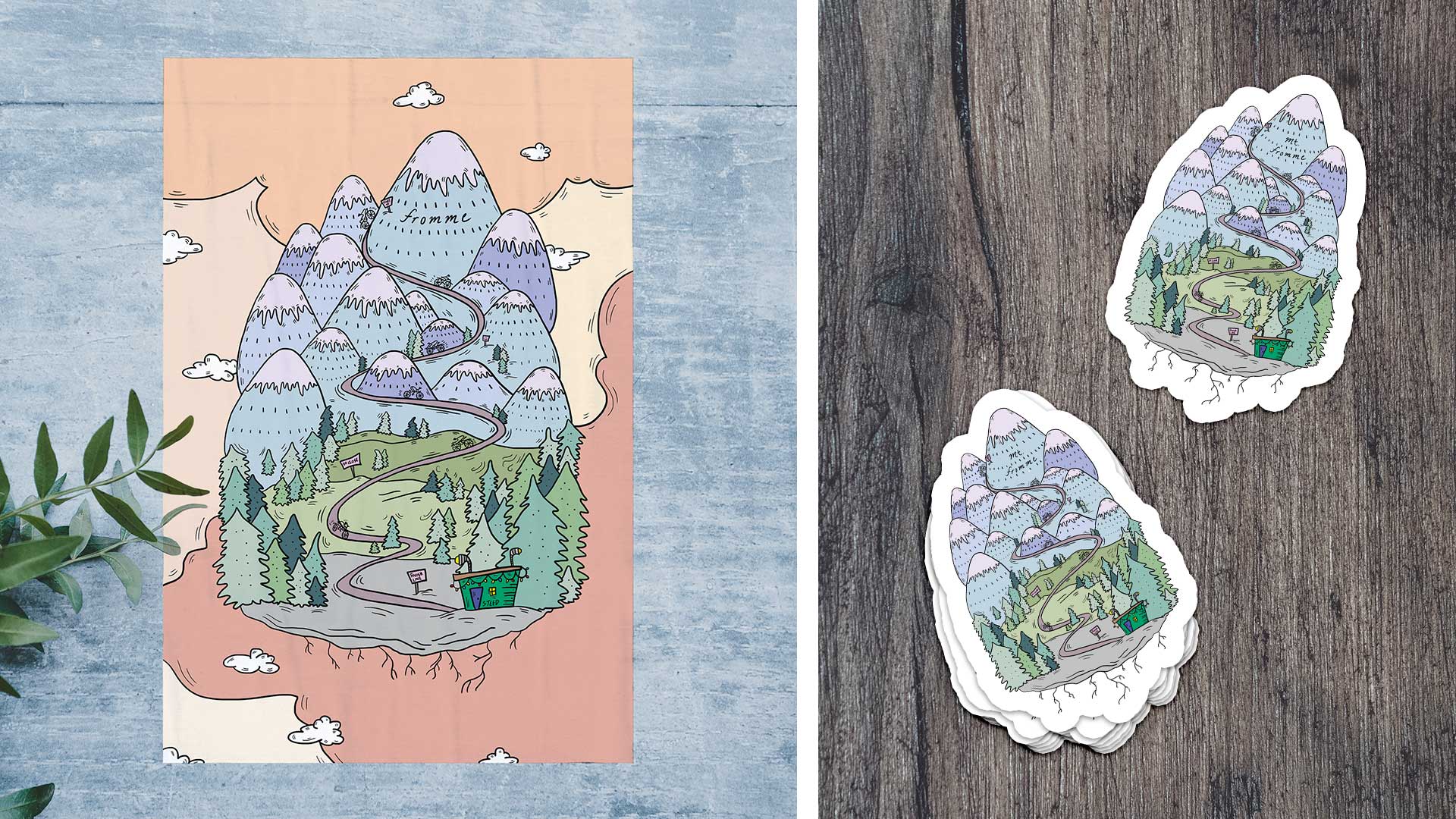 On the left is the poster illustration against a cement wall and on the right are stickers on a wooden table.