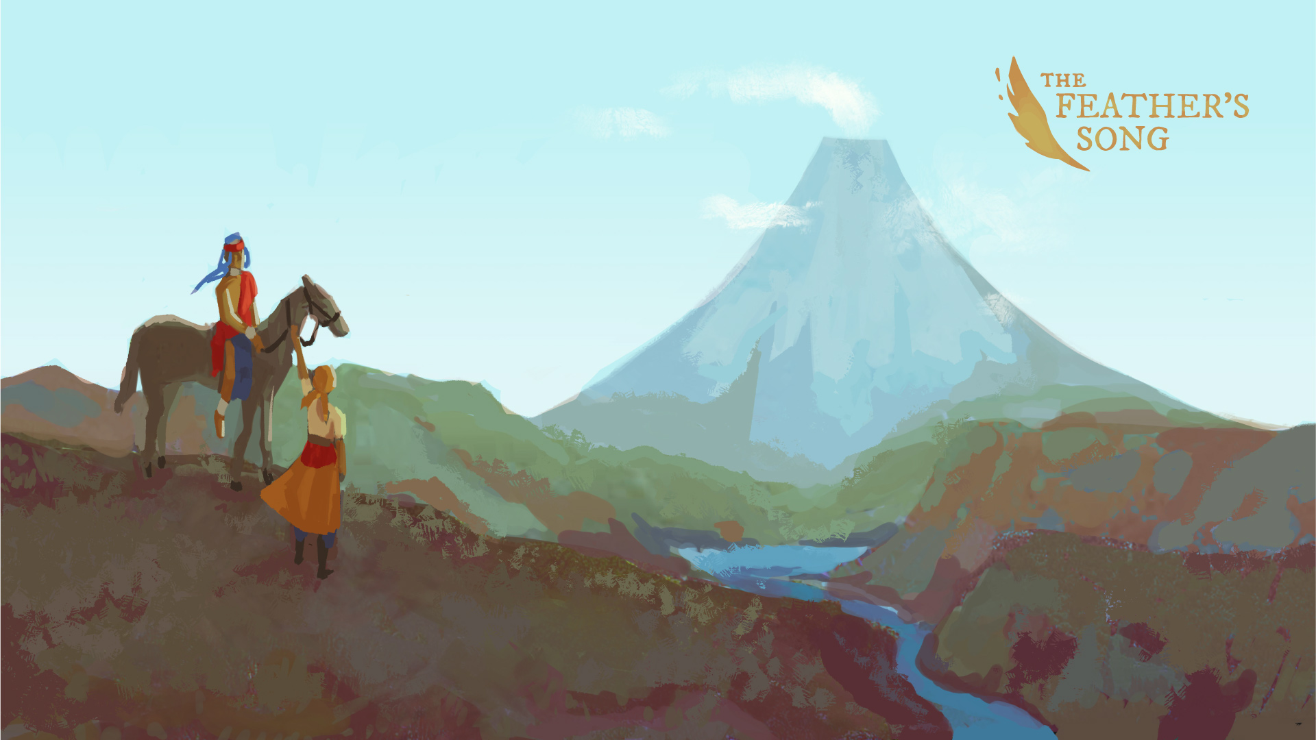 An illustration of two characters walking down a hill as they overlook a volcano in the distance. The logo of The Feather’s Song is placed on the top right of the illustration.