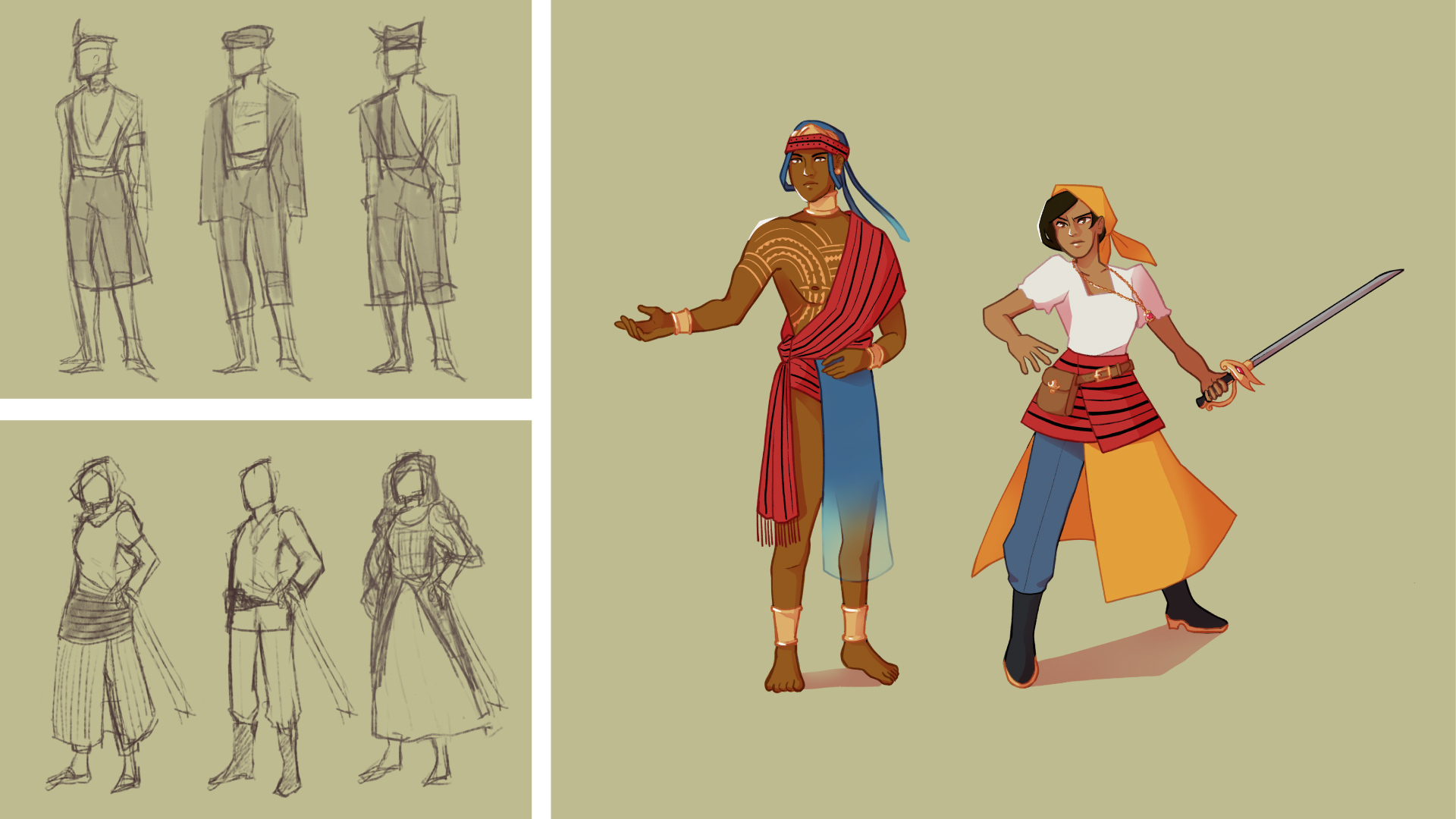 A collage of illustrations. The first image shows three sketches of a male character named Adarna, wearing different outfits inspired by Filipino Indigenous people. Underneath this image is another set of three sketches for a female character named Gloria, her three outfits are inspired by the fashion of the Philippines during its Spanish colonial period. The last image of the collage shows the final rendered character designs of Adarna and Gloria. On the left Adarna is posed regally with his right arm outstretched, his head is covered with a headpiece, while on his neck, wrists, and ankles, are gold jewellery. His left arm and pec is draped by red fabric that has a pattern of black lines, his right pec is exposed and reveals a gold tattoo that extends toward the rest of his chest and his upper arm. His feet are bare. On the right of Adarna is Gloria, she is wielding a sword with her left hand. She has black hair which is covered by a yellow kerchief, she is wearing a necklace that has a ruby at the end of it. Her shirt is a blouse inspired by Filipiniana dresses. For her bottoms she is wearing a two-layered skirt, the first layer is short and is red with a pattern of black lines, the second-layer is a longer skirt that is the same yellow as her kerchief, underneath she is wearing blue pants and black mid-calf length boots.
