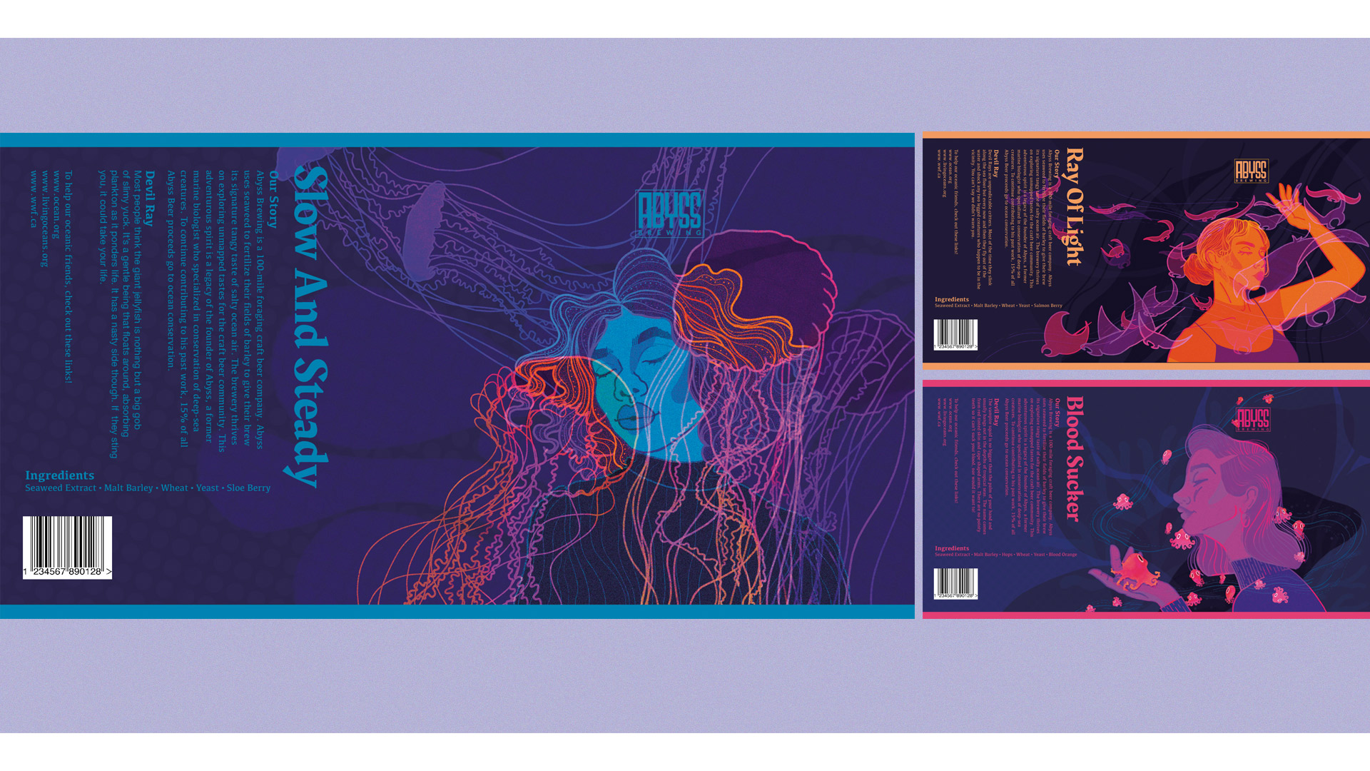 On the left is an enlarged label of "slow and steady" and on the right are two smaller labels. The top right is "ray of light", and the bottom right label is "blood sucker".