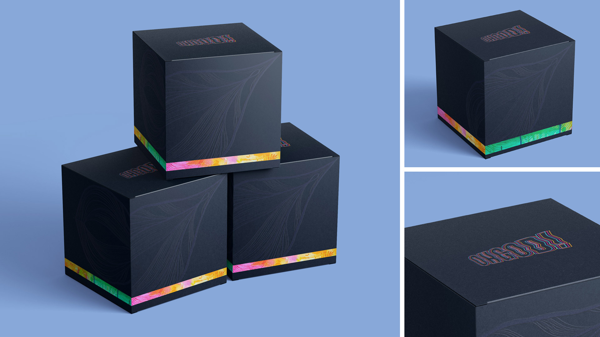 On the left is three boxes stacked. On the right is two closeups of the boxes.