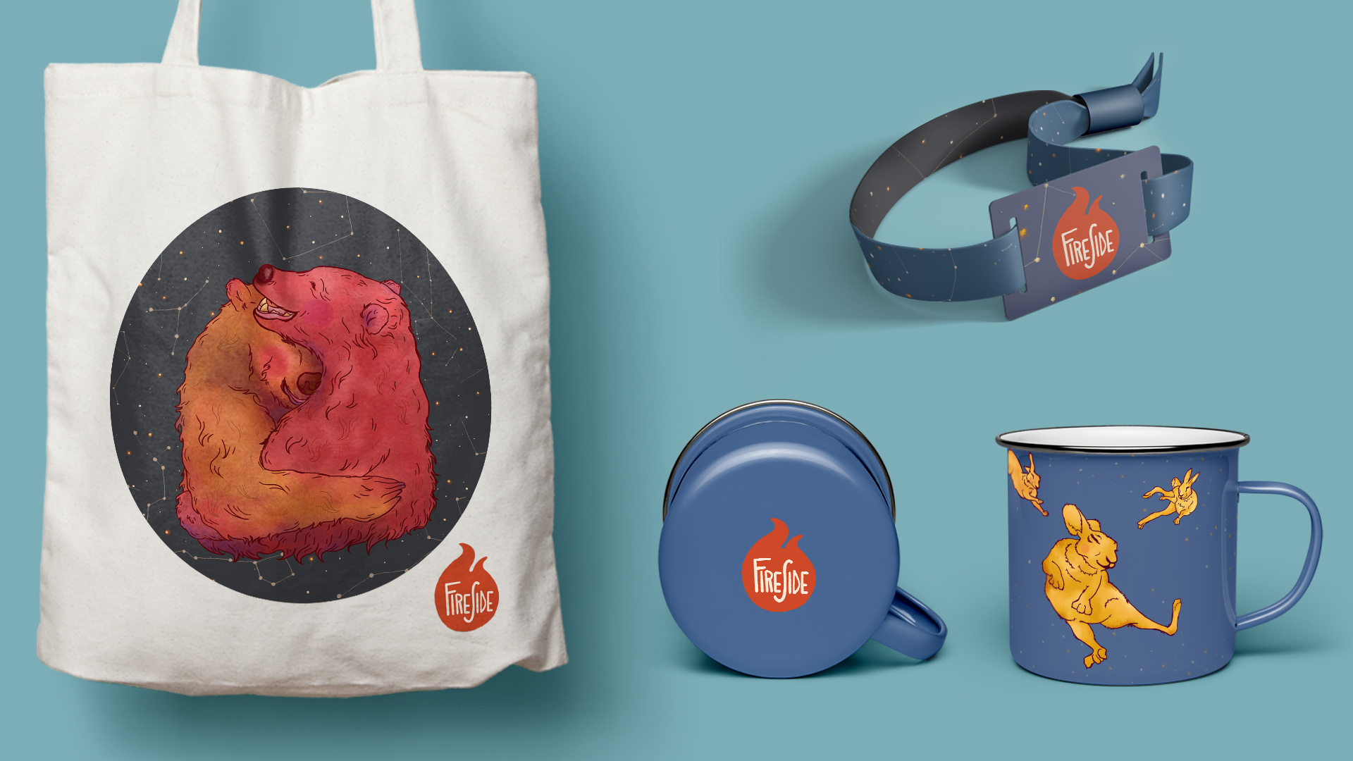 On the left is a tote back, on the top right is a wrist band, and bottom right is enamel mugs.