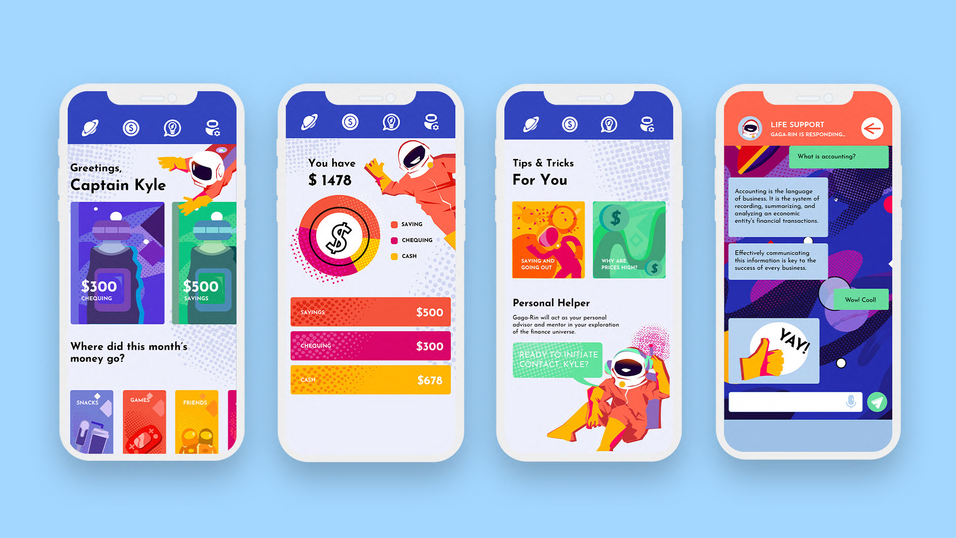 4 mobile app screen designs showcasing the examples of the app's UI.