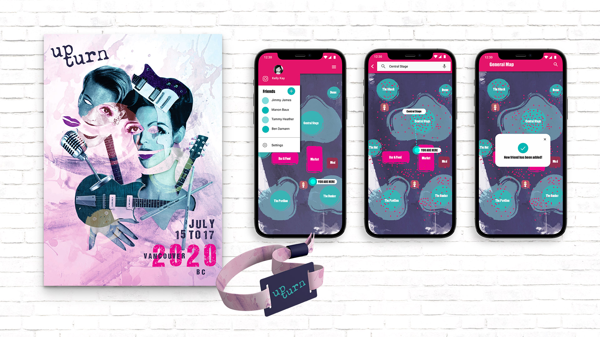 Sara Lilley Creative. Upturn feminist, alternative, punk music festival collage, dada poster, RFID wristband, and navigation app on white brick texture background. Logo design, branding, poster design, print, illustration.