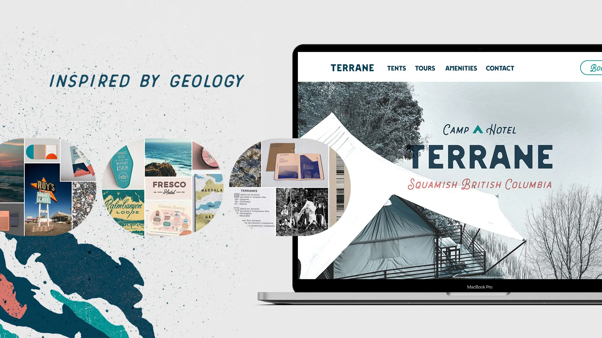 Terrane Camp Hotel moodboard and website inspired by geology.