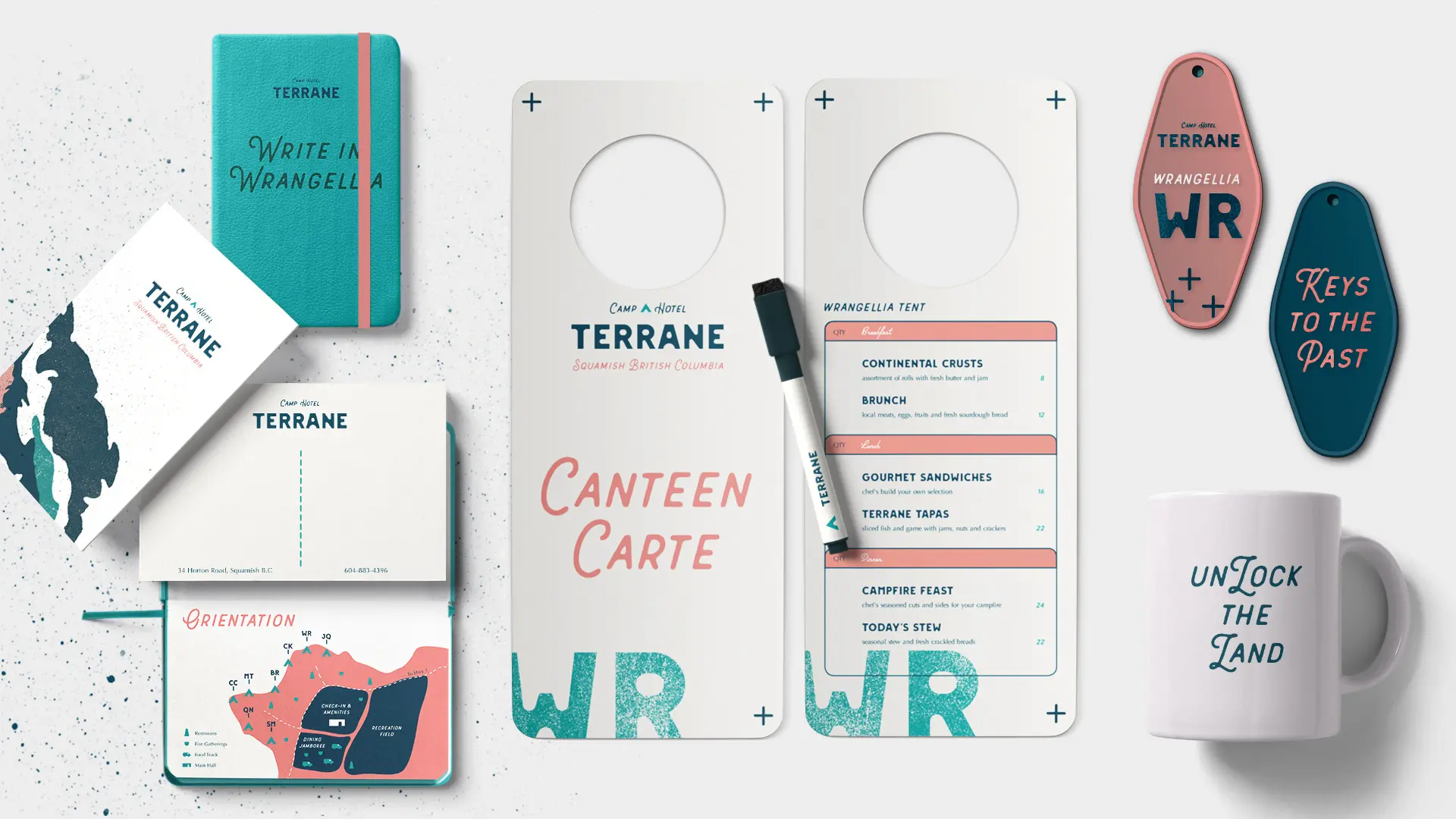 Terrane Camp Hotel collateral including a notebook, postcard, door menu, keys and a mug.