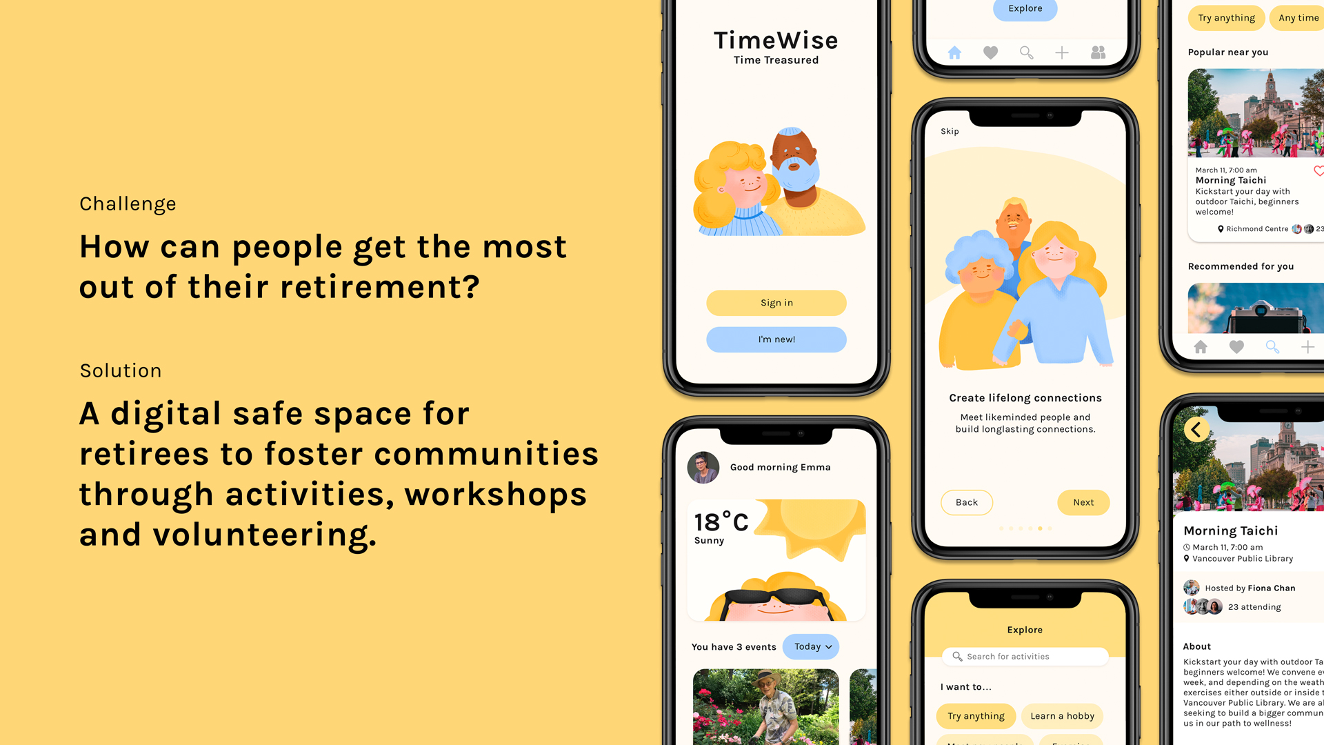 Challenge–How can retirees get the most out of their retirement? Solution–A digital safe space for retirees to foster communities through activities, workshops and volunteering. Image: App screens for browsing events