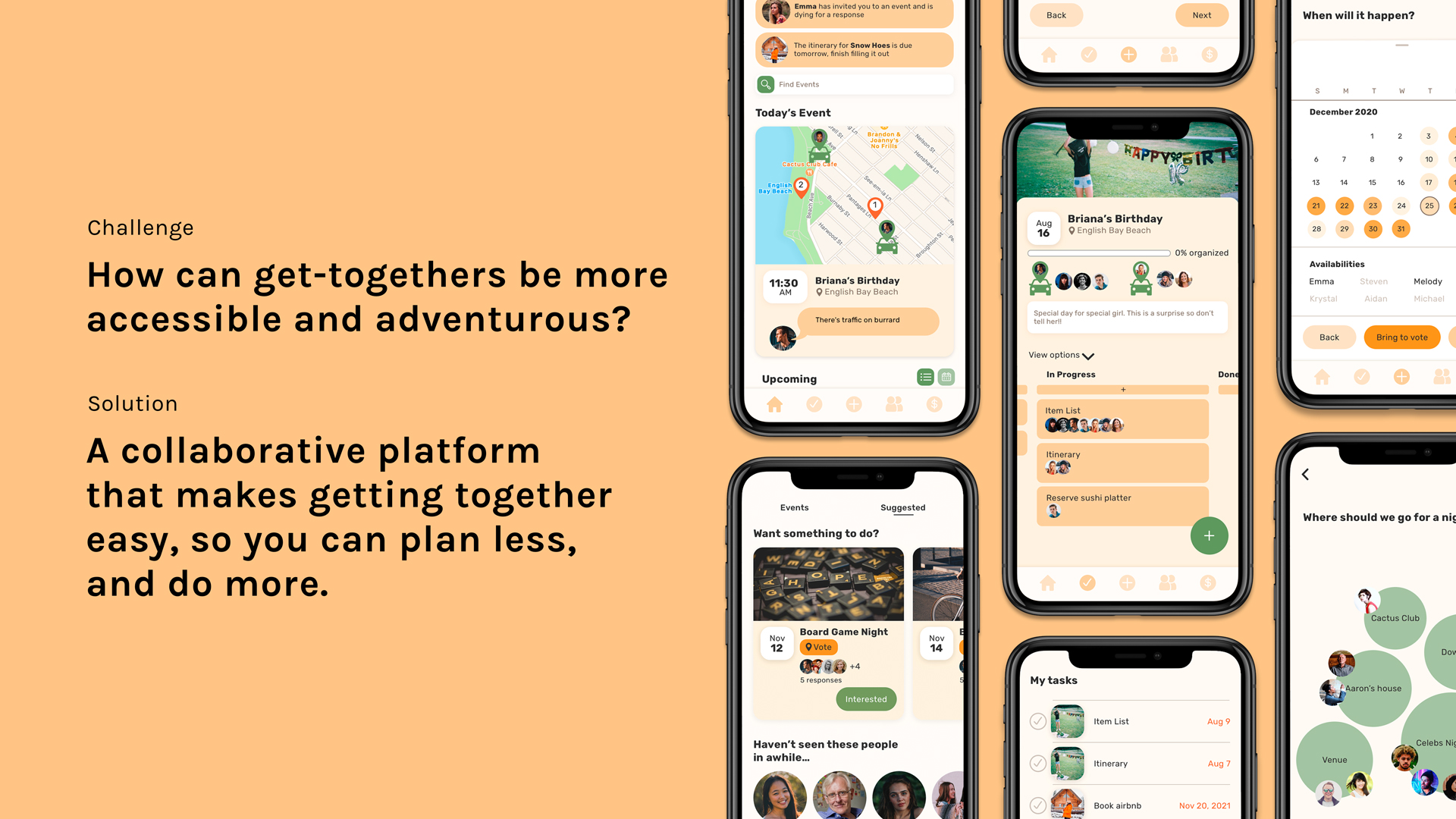 Challenge–How can get-togethers be more accessible and adventurous? Solution–A Collaborative platform that makes getting together easy, so you can plan less, and do more.