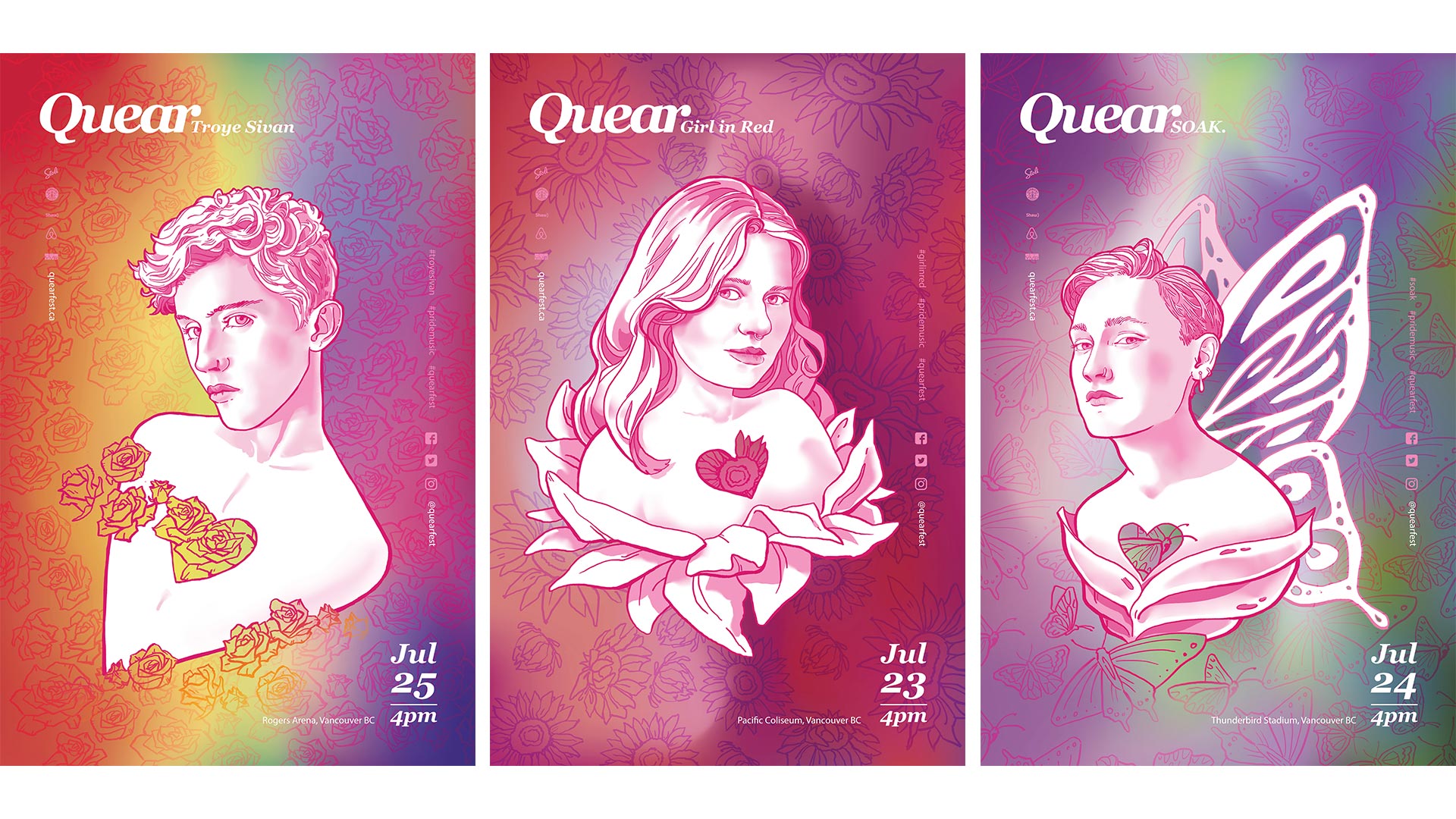 posters showcasing key artists of each festival day.