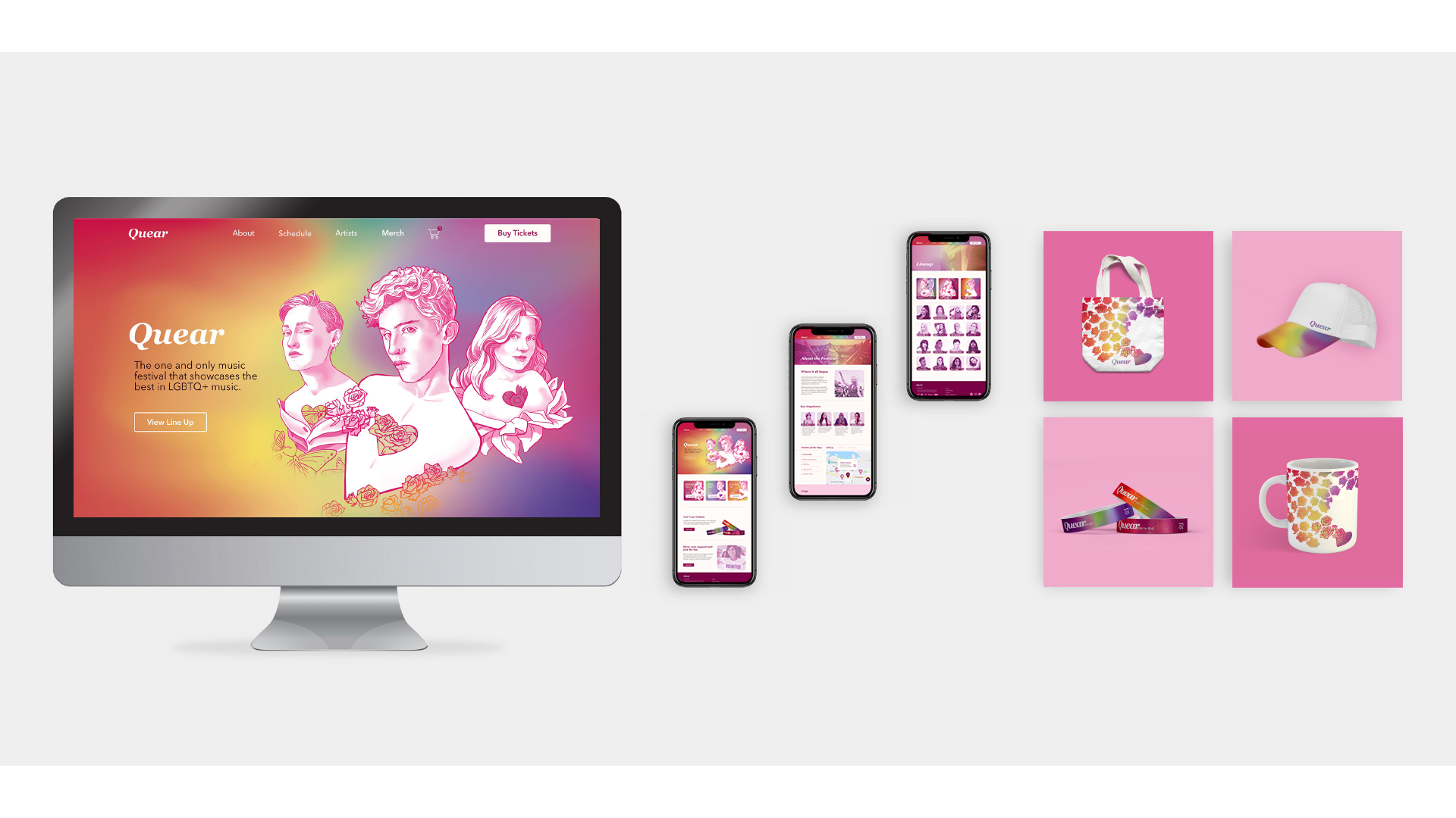 Desktop cite, phone screens of a microsite, branded wrist bands, cap, cup and tote bag.