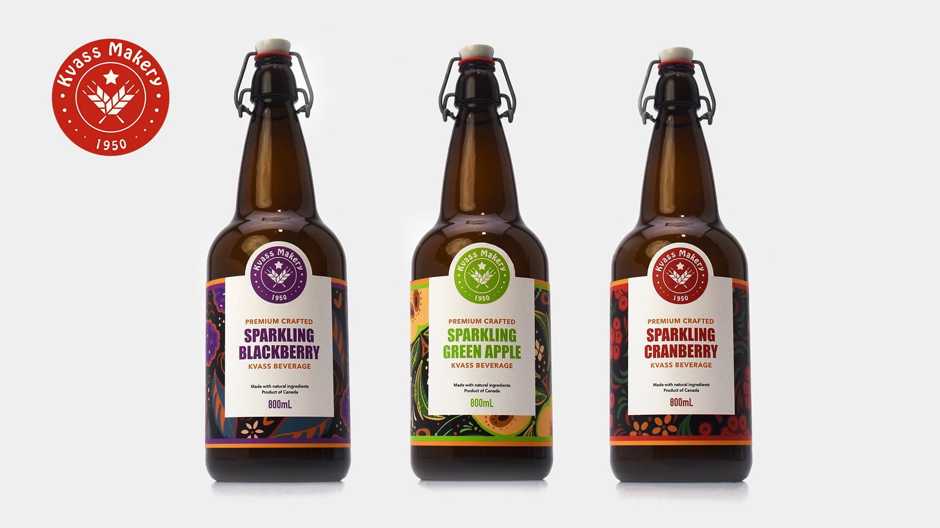 Front view of 3 brown glass bottles containing kvass infused with west coast flavour profiles.