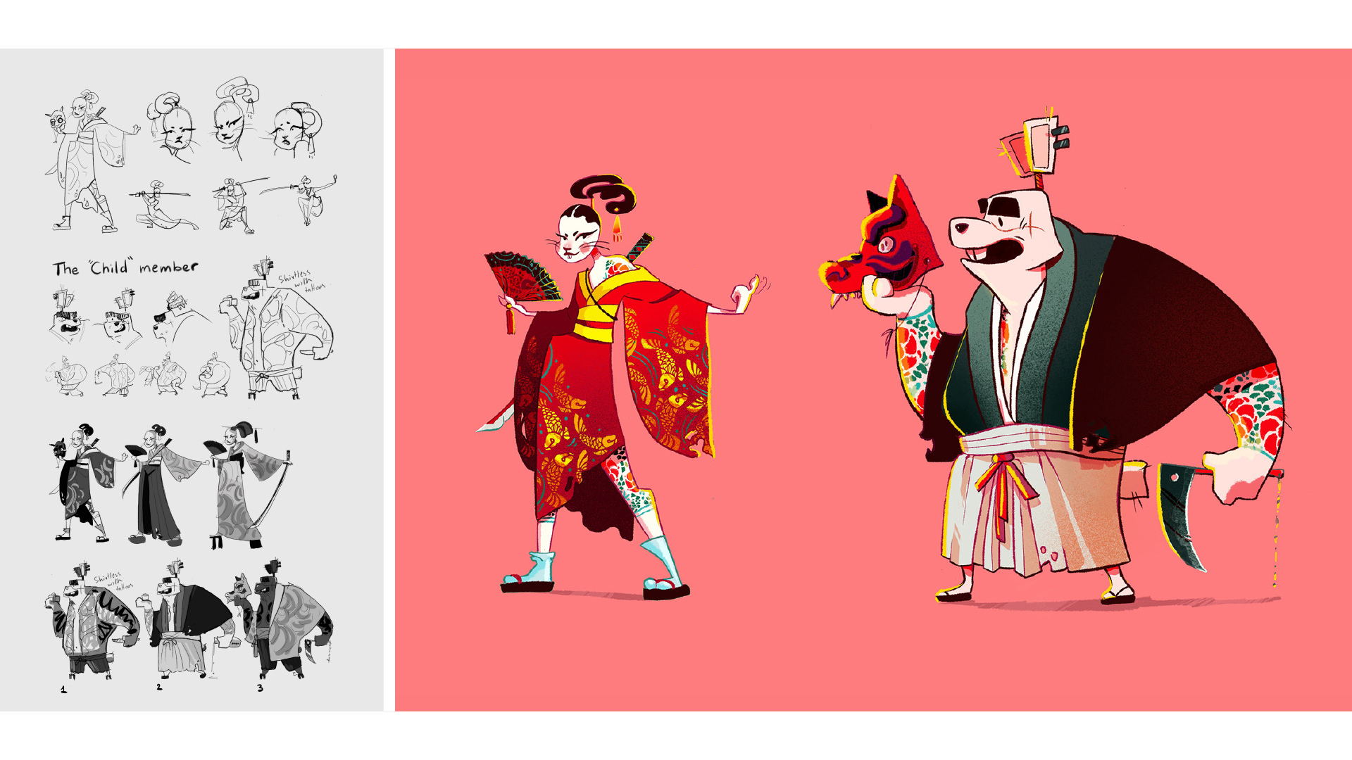 Character design illustrations of mafia rabbits and work sketches.