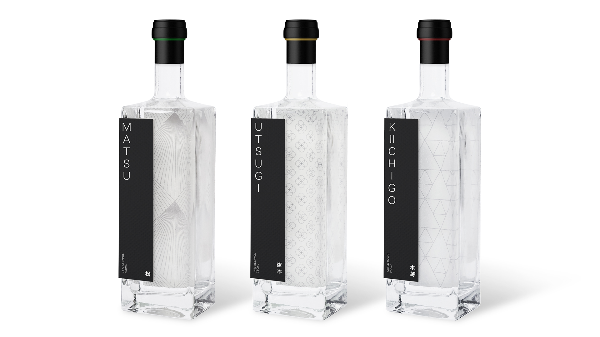 3 labelled, rectangular clear glass bottles containing sake infused with west coast flavour profiles.
