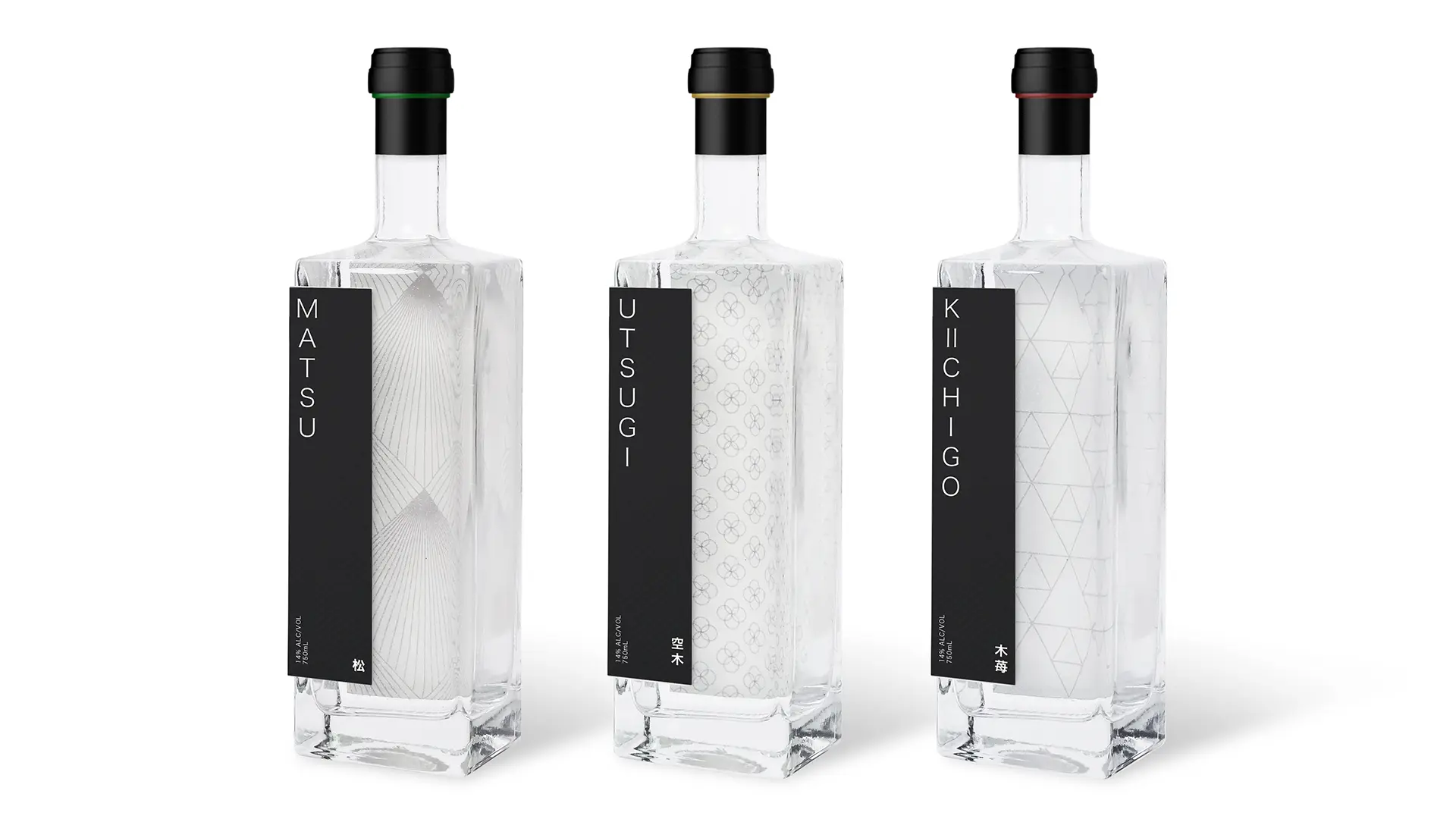 3 labelled, rectangular clear glass bottles containing sake infused with west coast flavour profiles.