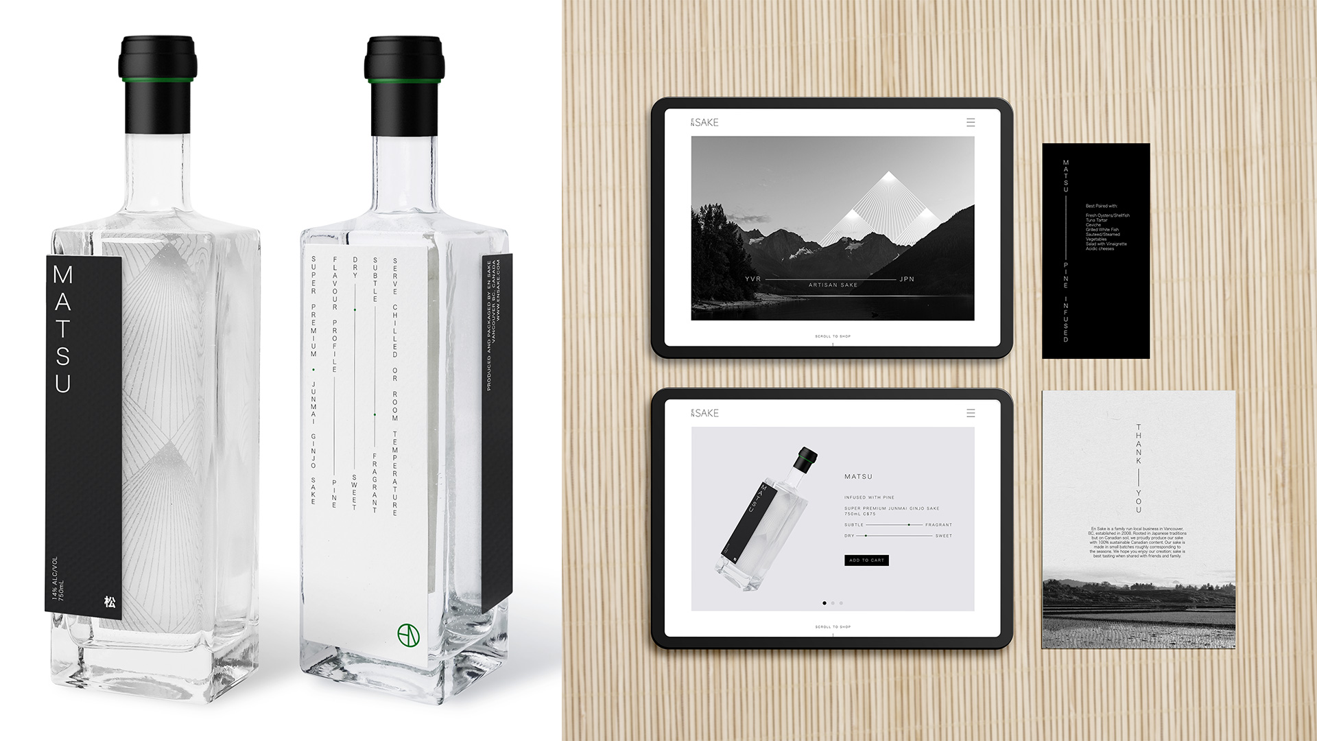 Front and back view of a rectangular clear glass bottle containing sake, ipad screen of a microsite, and print collateral.