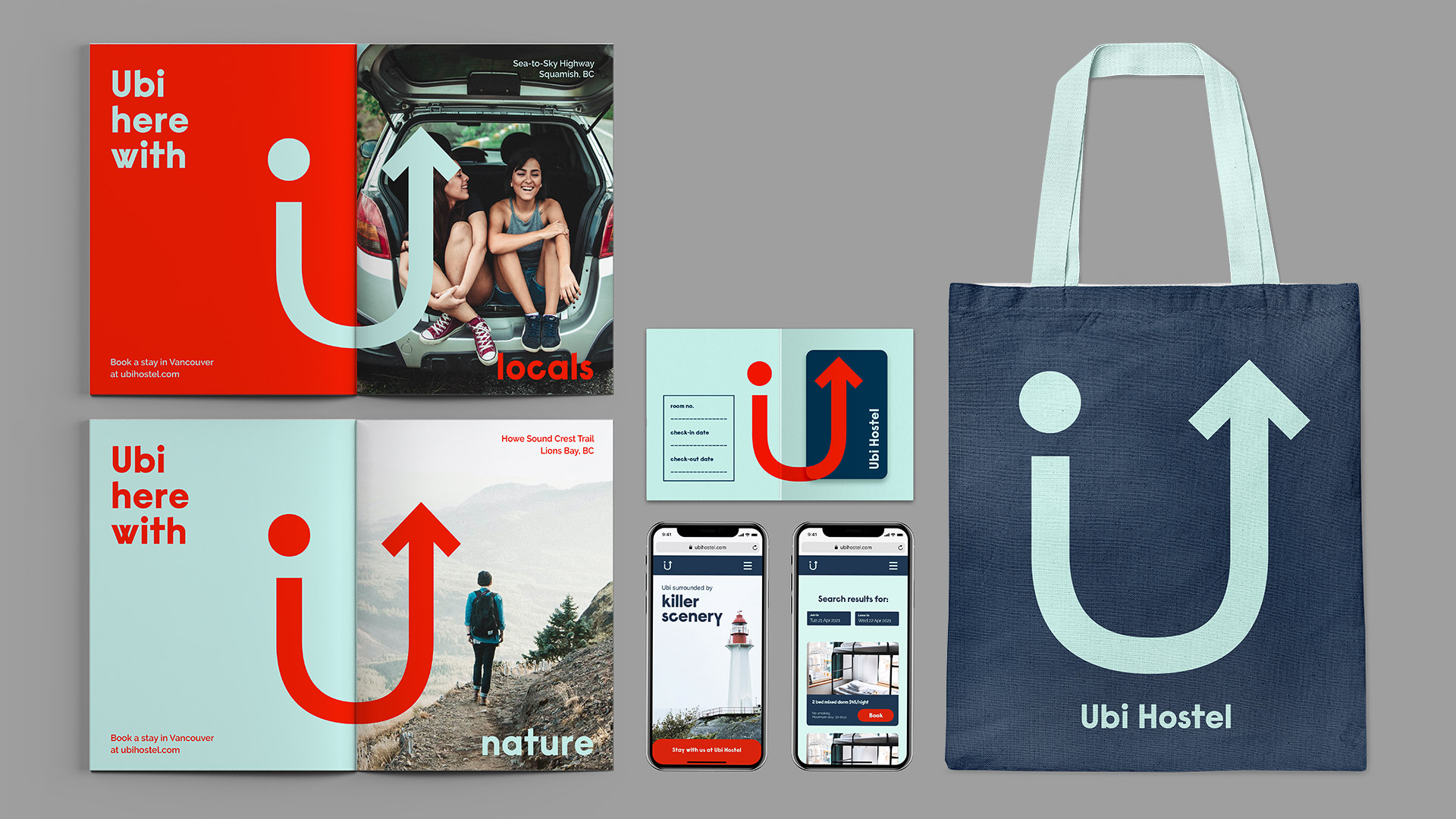 Magazine spreads, phone screens of a microsite, branded key card and tote bag.