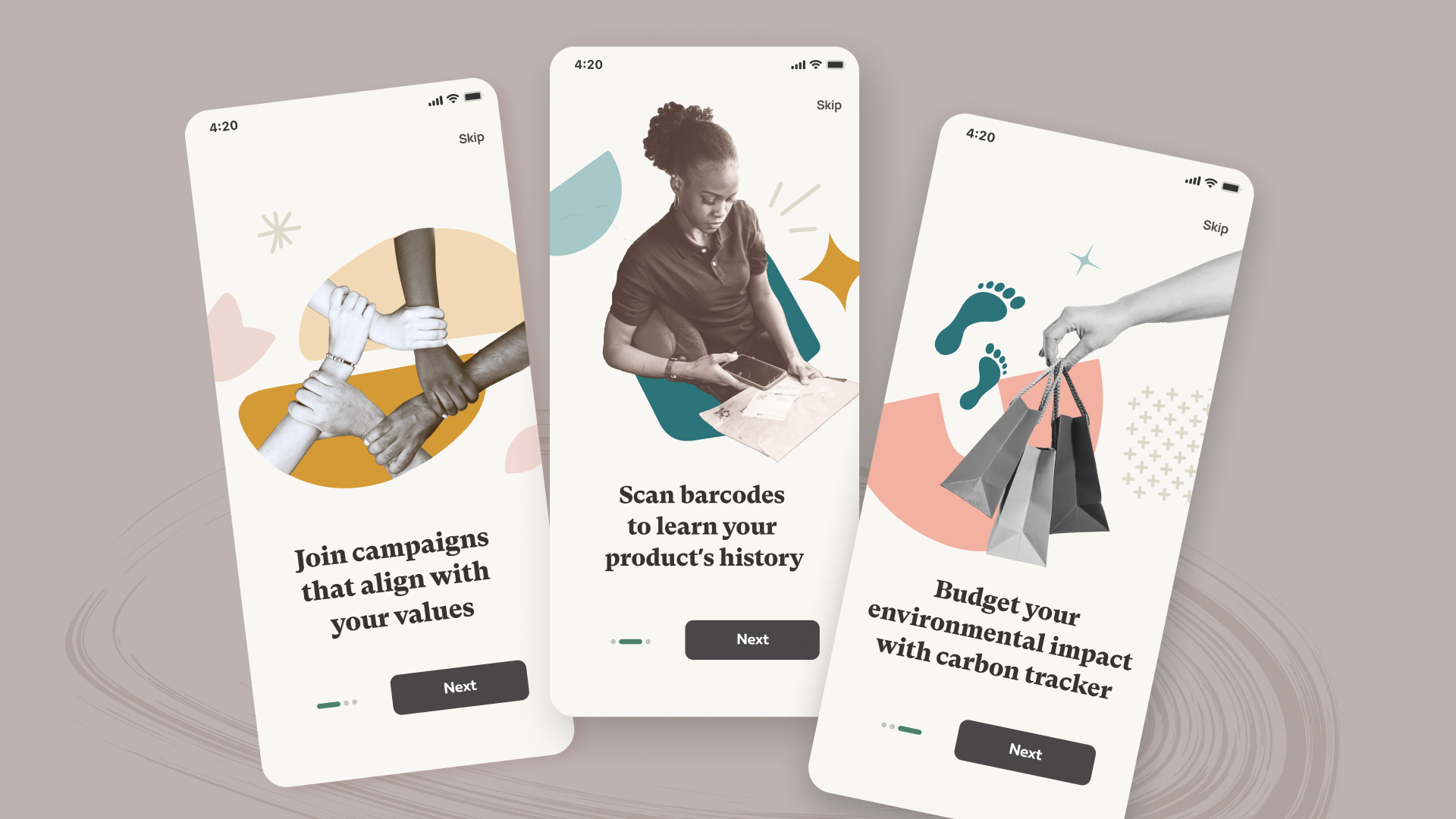 3 onboarding screens of revolv. text reads ‘join campaigns that align with your values’, ‘scan barcodes to learn product’s history’, and “budget your environmental impact with carbon tracker