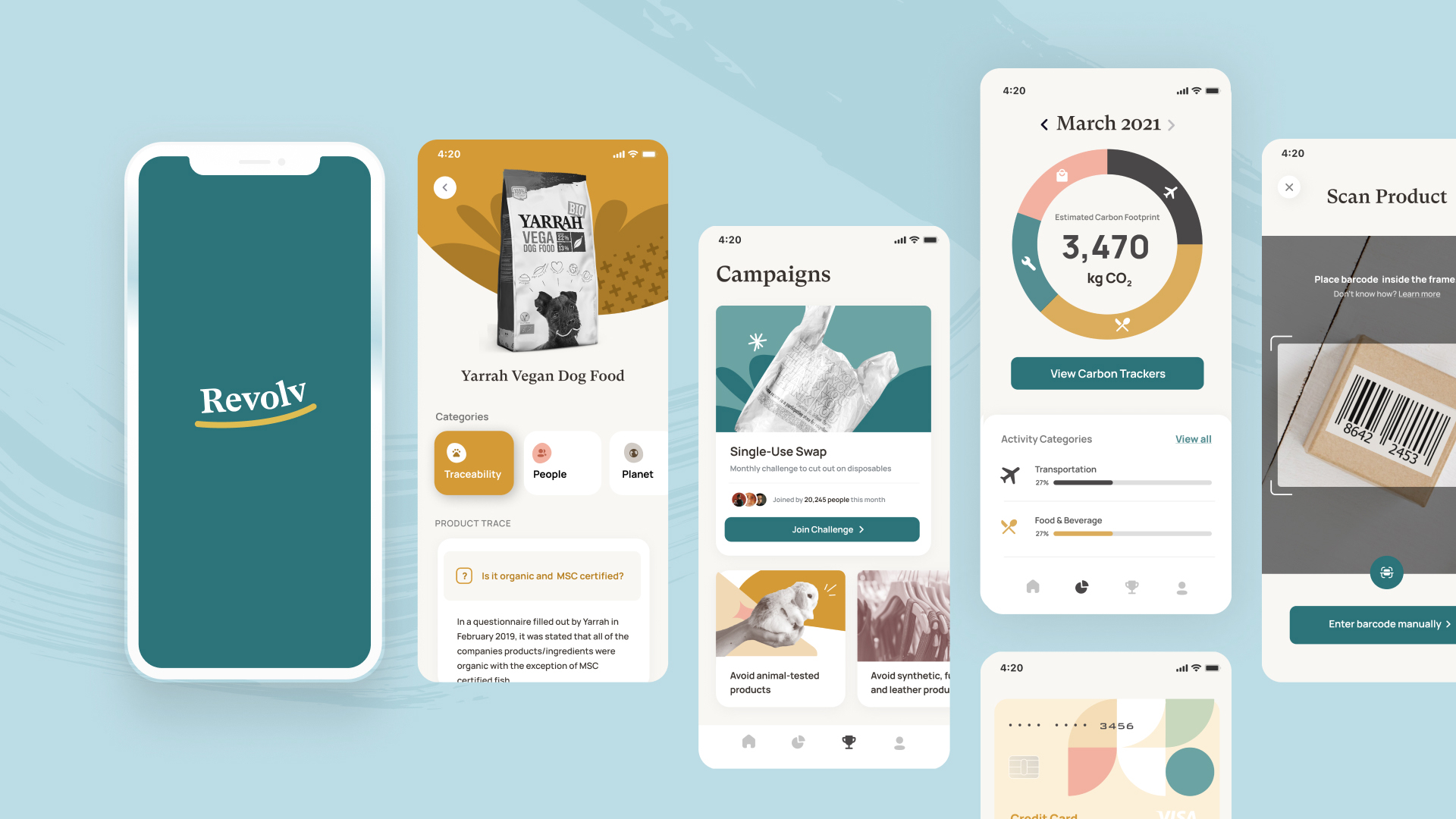design prototype screens of revolv. an app that enables consumers to learn about the social and environmental impact of what they buy, in which case shows the impact in multiple areas including carbon emission, sustainability sourcing, fair labour, and supply chain traceability