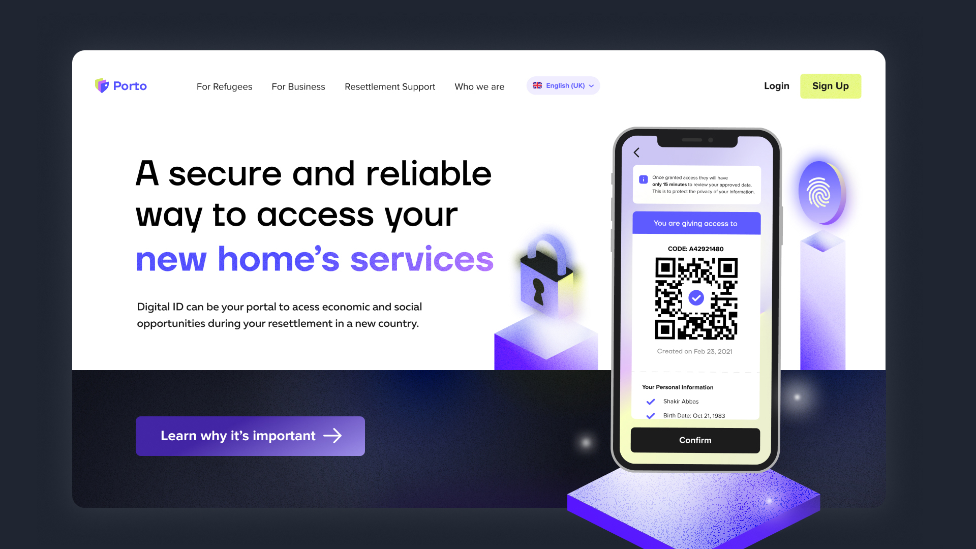 campaign website of porto, an app that enables refugees to participate in the economy of their next country of residence. website heading reads “a secure and reliable way to access your new home’s services